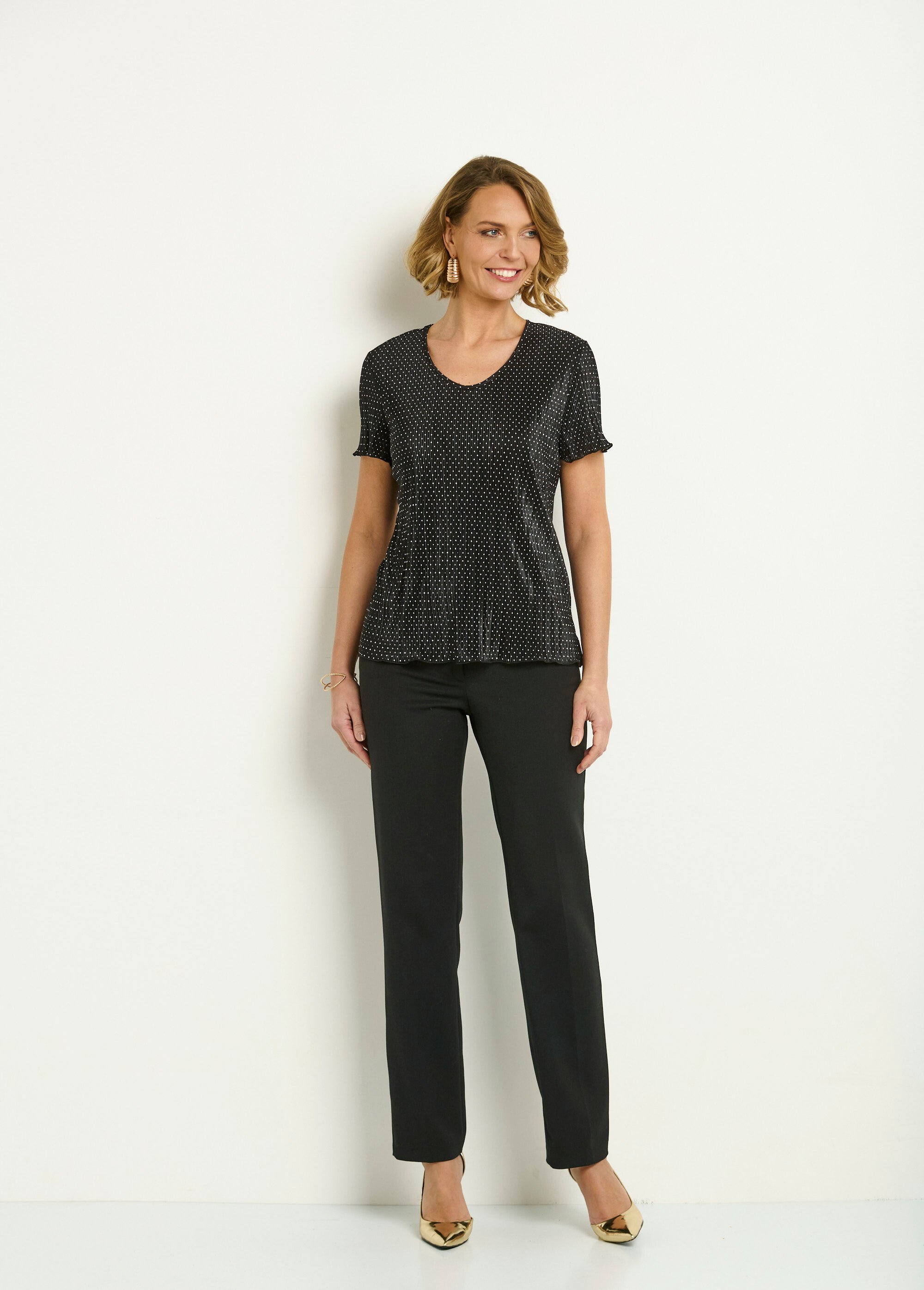 T-shirt plissé col v noir femme | Morgan