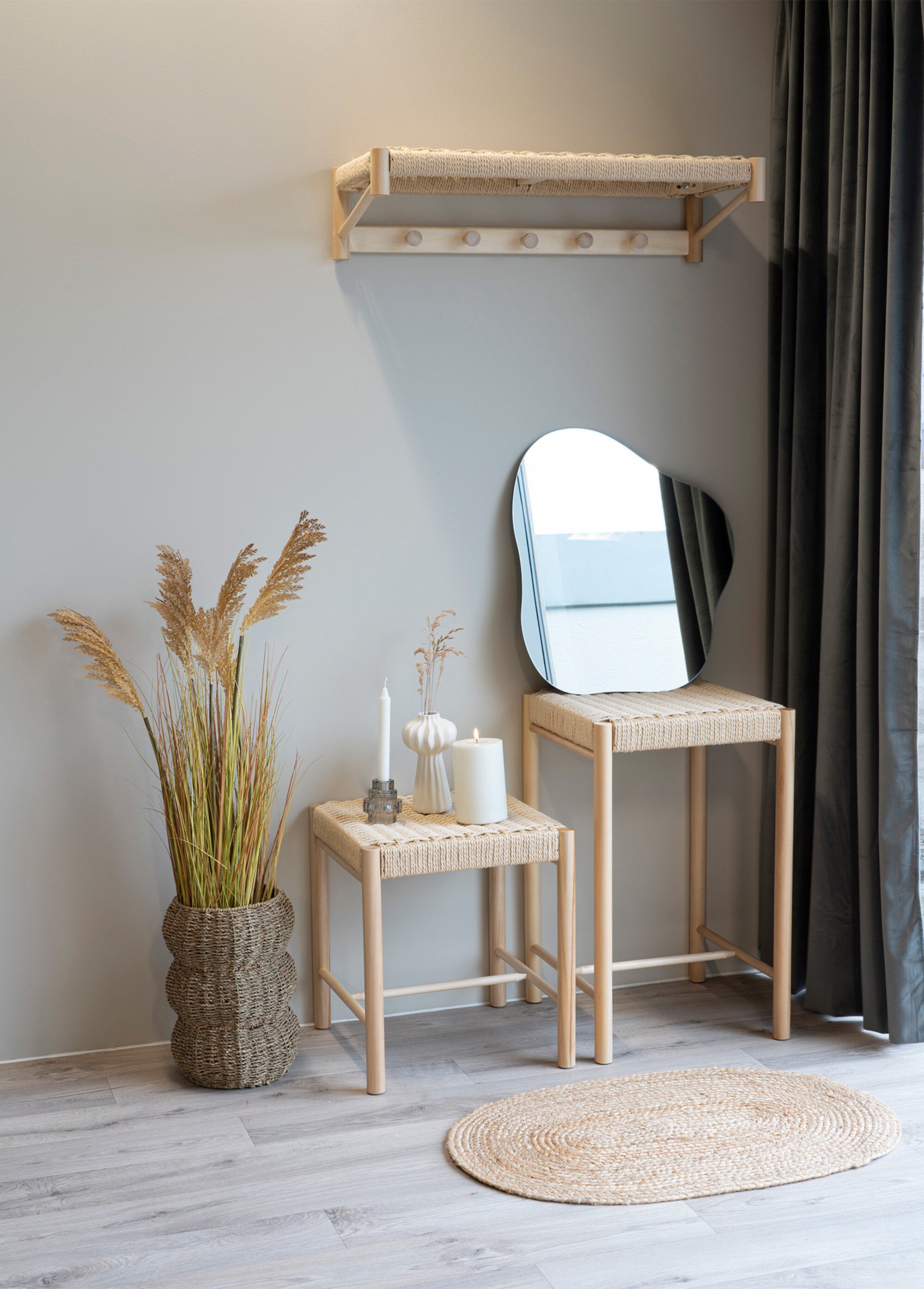 Tabouret en bois avec assise osier BEIGE HN-1501150 SI1