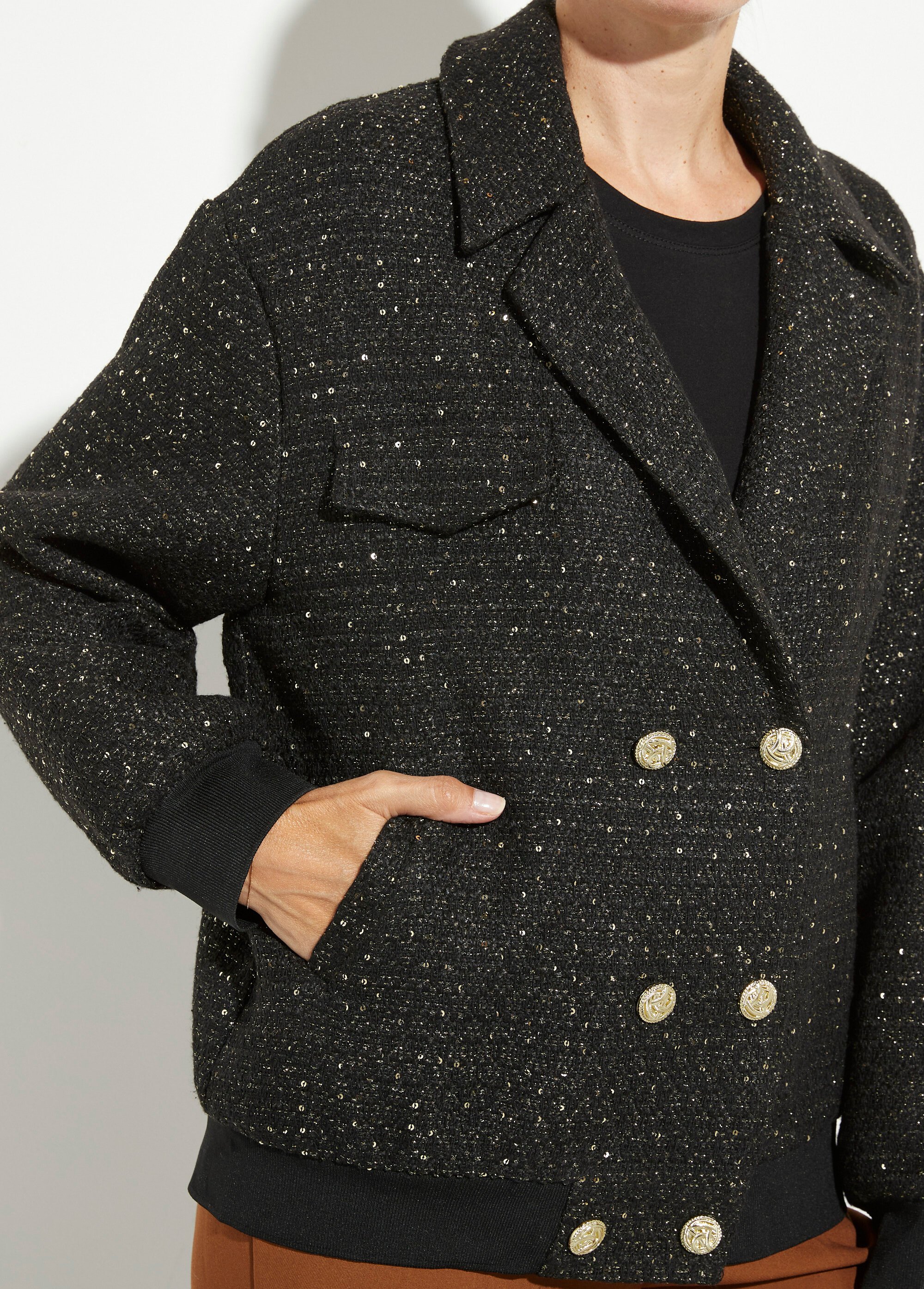 Blouson teddy tweed et détails couture Femme Noir UNK-3303 DE2