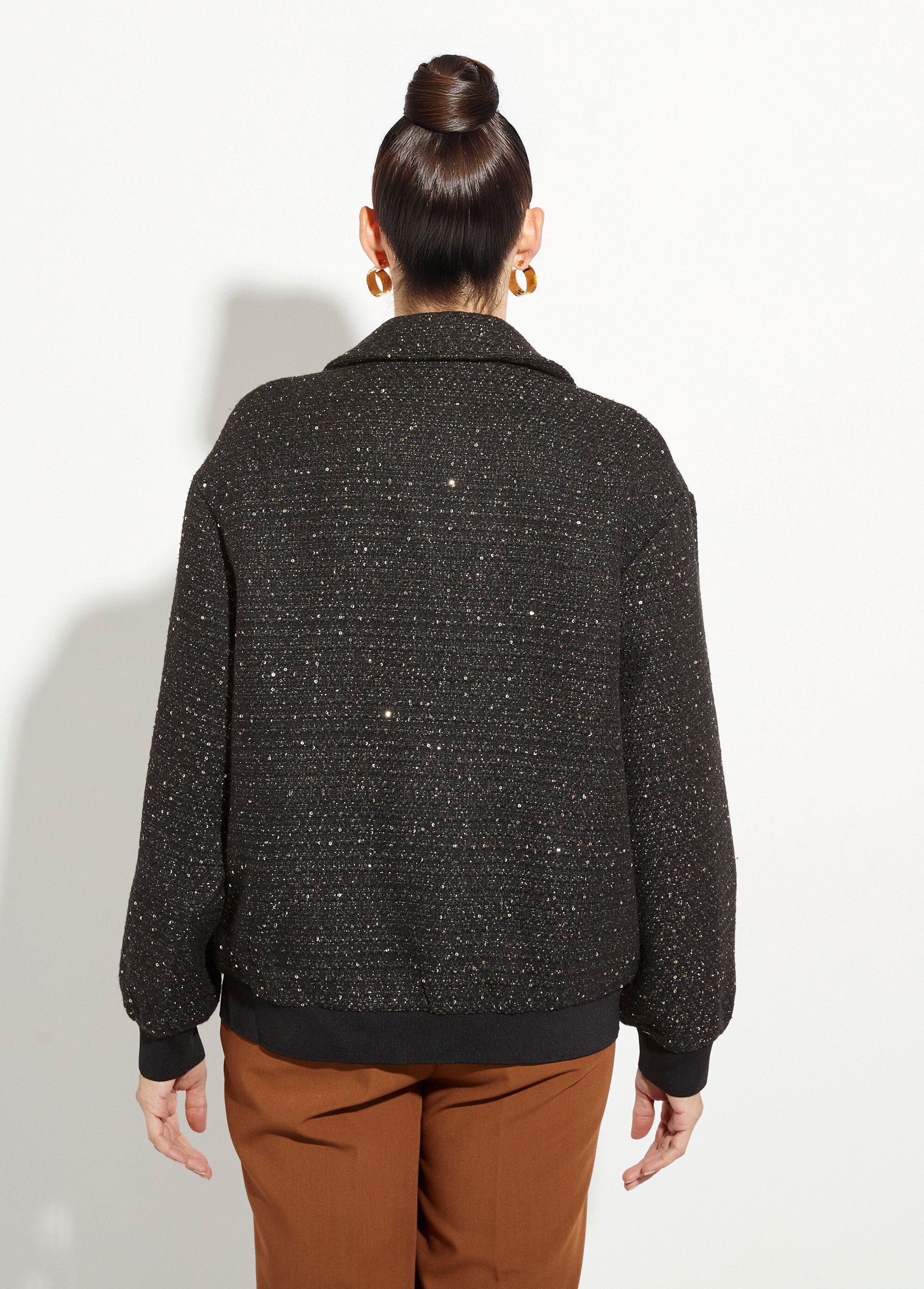Blouson teddy tweed et détails couture Femme Noir UNK-3303 DO1