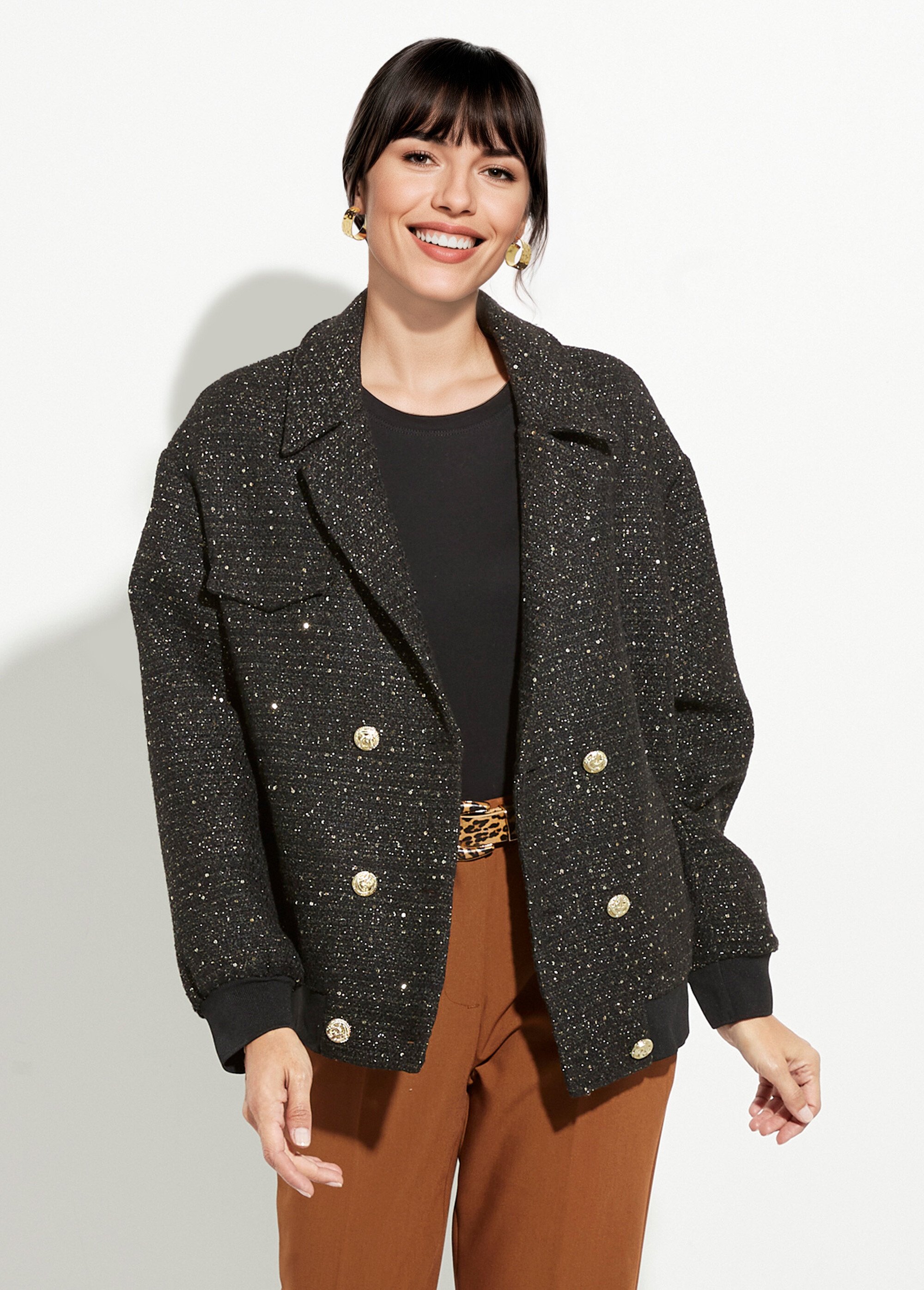 Blouson teddy tweed et détails couture Femme Noir UNK-3303 FA1
