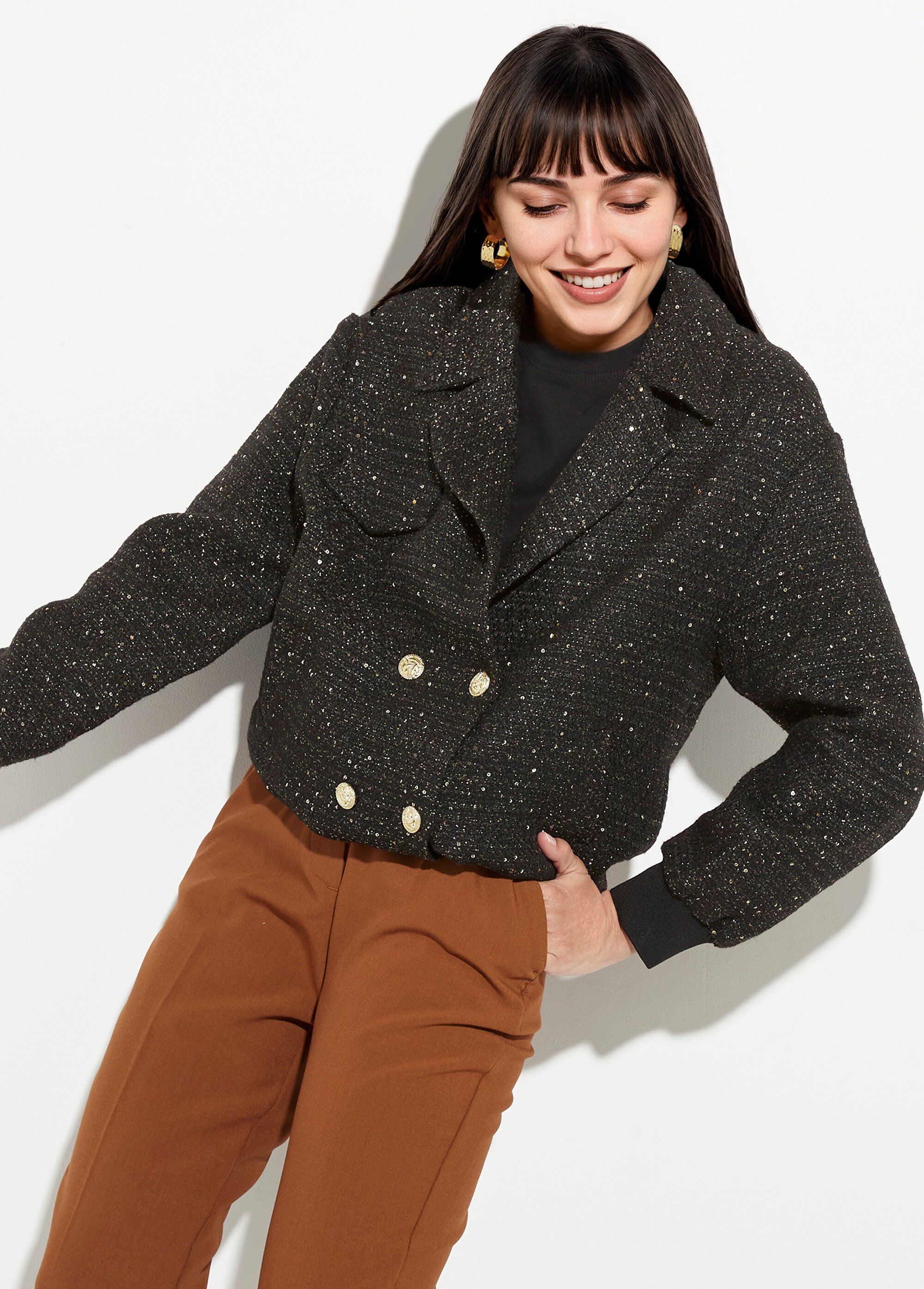 Blouson teddy tweed et détails couture Femme Noir UNK-3303 MV1