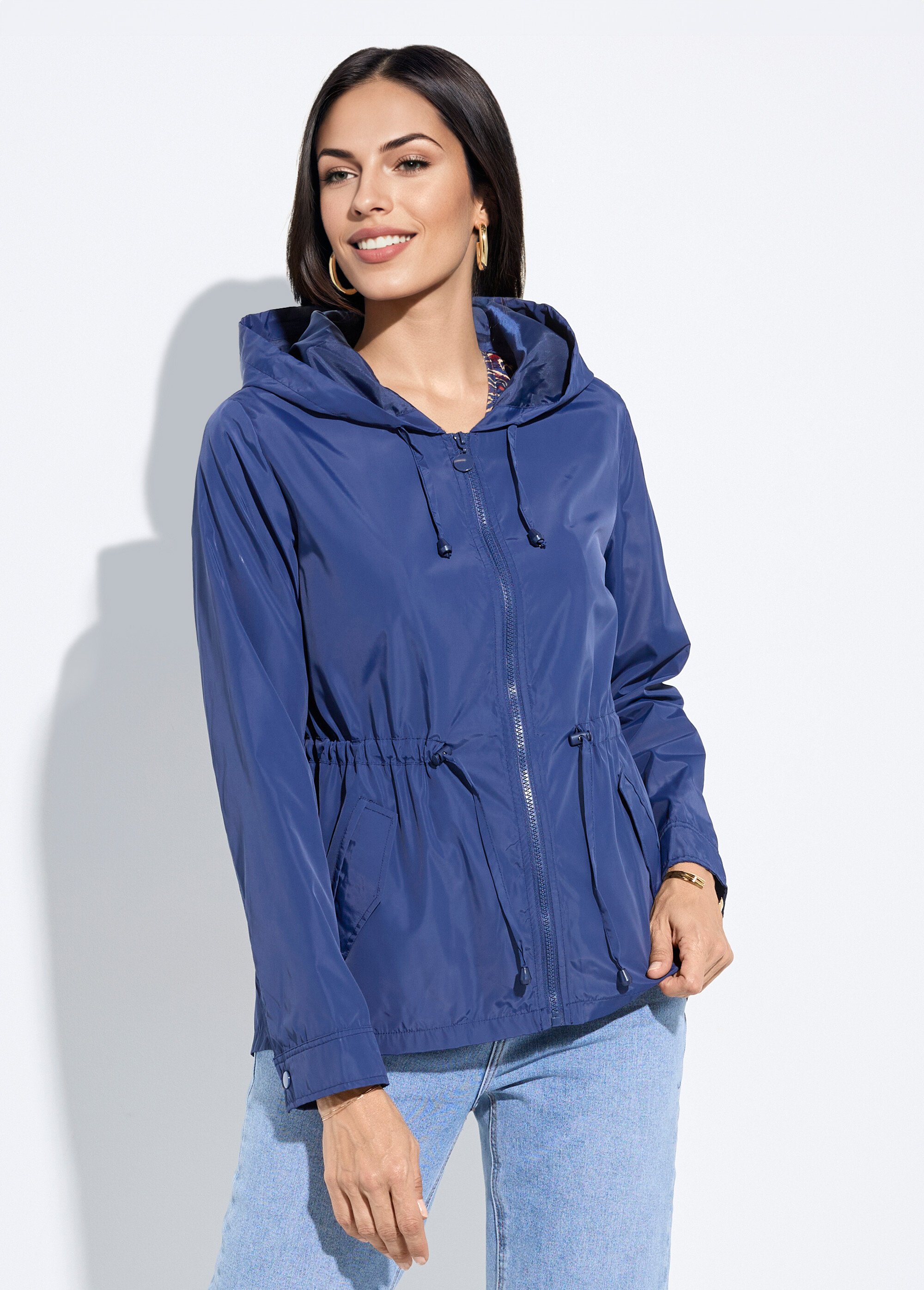Coupe-vent capuche et taille resserrée Femme Bleu CHE-H888 FA1