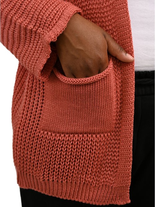 Gilet long maille avec poches plaquées Femme Grande Taille Rose JA-GILONG DE1