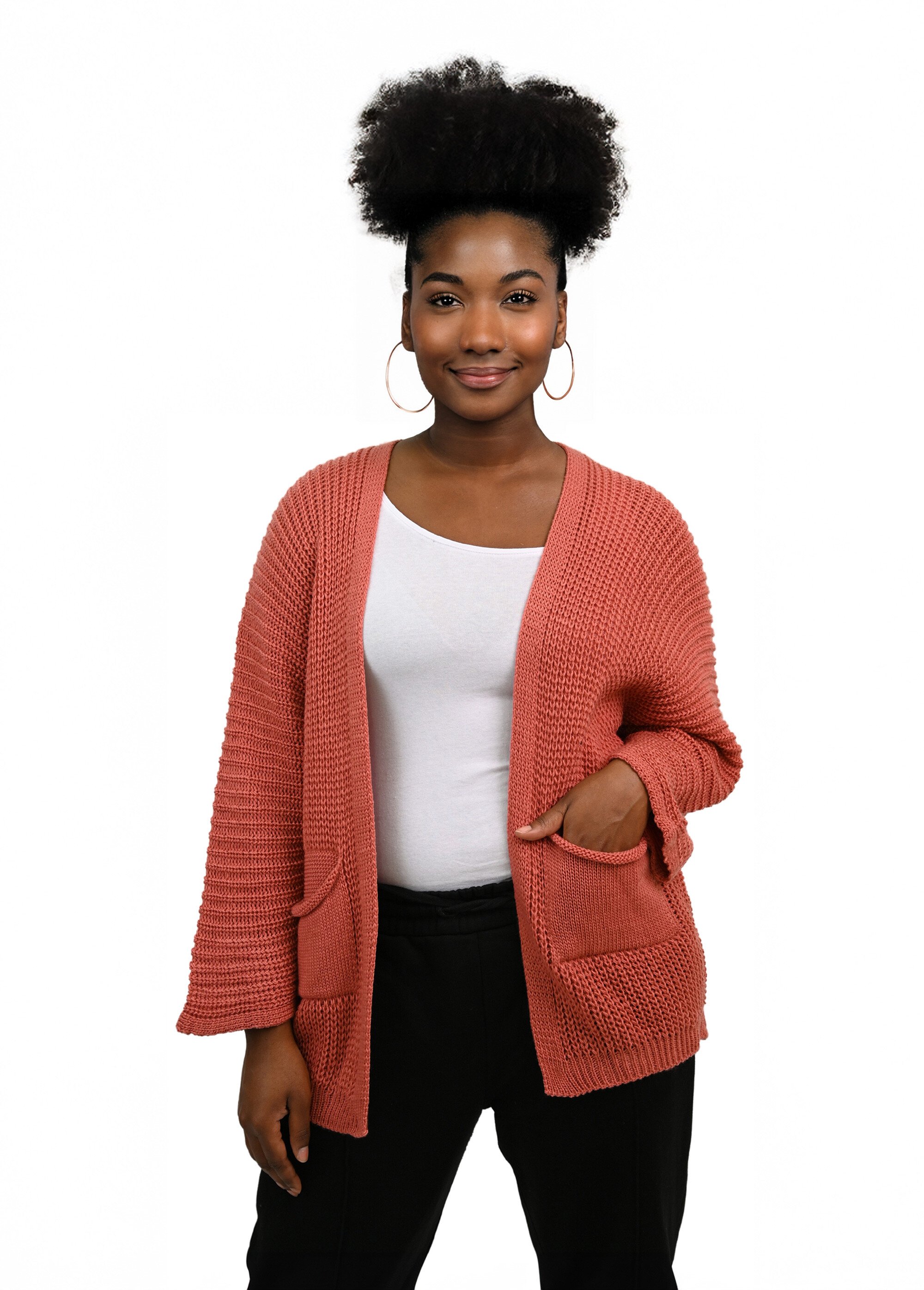 Gilet long maille avec poches plaquées Femme Grande Taille Rose JA-GILONG FA1