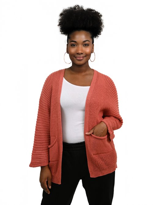 Gilet long maille avec poches plaquées Femme Grande Taille Rose JA-GILONG FA1