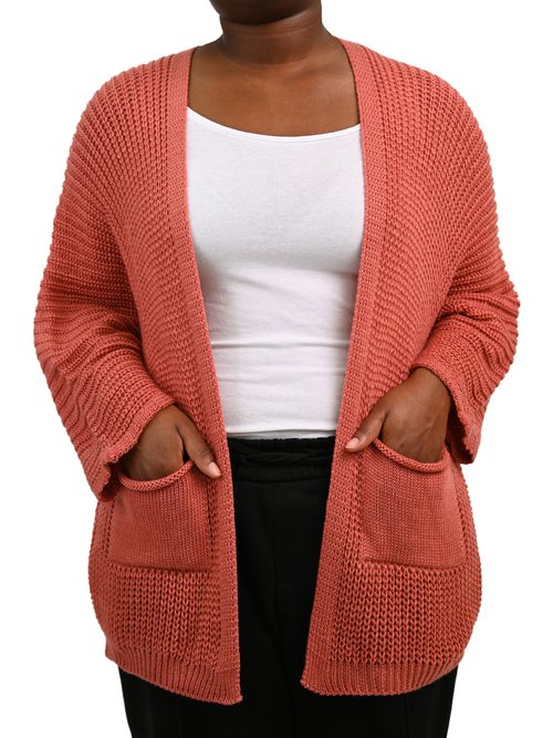 Gilet long maille avec poches plaquées Femme Grande Taille Rose JA-GILONG FA2
