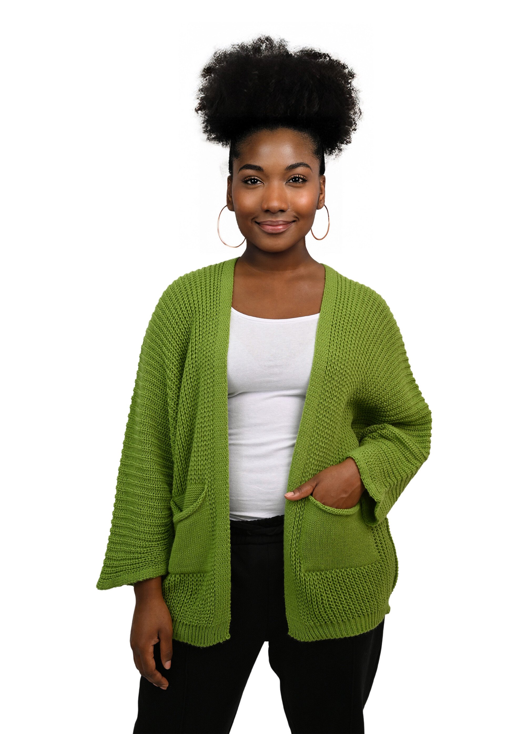Gilet long maille avec poches plaquées Femme Grande Taille VERT OLIVE JA-GILONG FA1