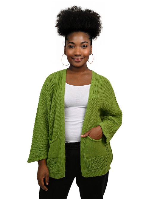 Gilet long maille avec poches plaquées Femme Grande Taille VERT OLIVE JA-GILONG FA1