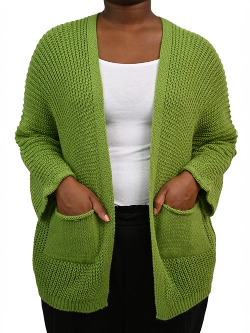 Gilet long maille avec poches plaquées Femme Grande Taille VERT OLIVE JA-GILONG FA2