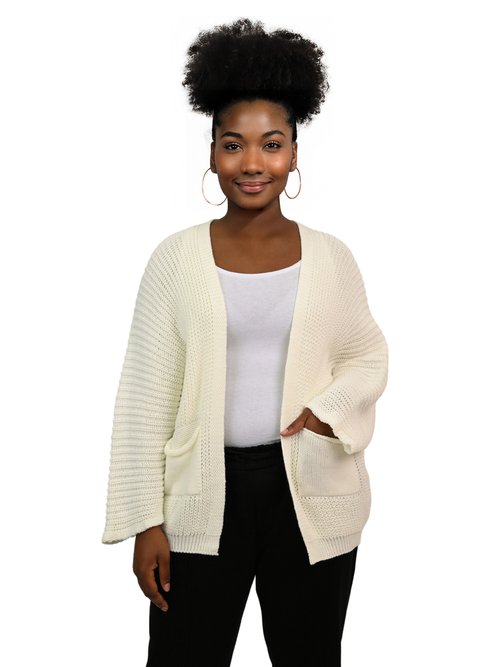 Gilet long maille avec poches plaquées Femme Grande Taille Blanc JA-GILONG FA1