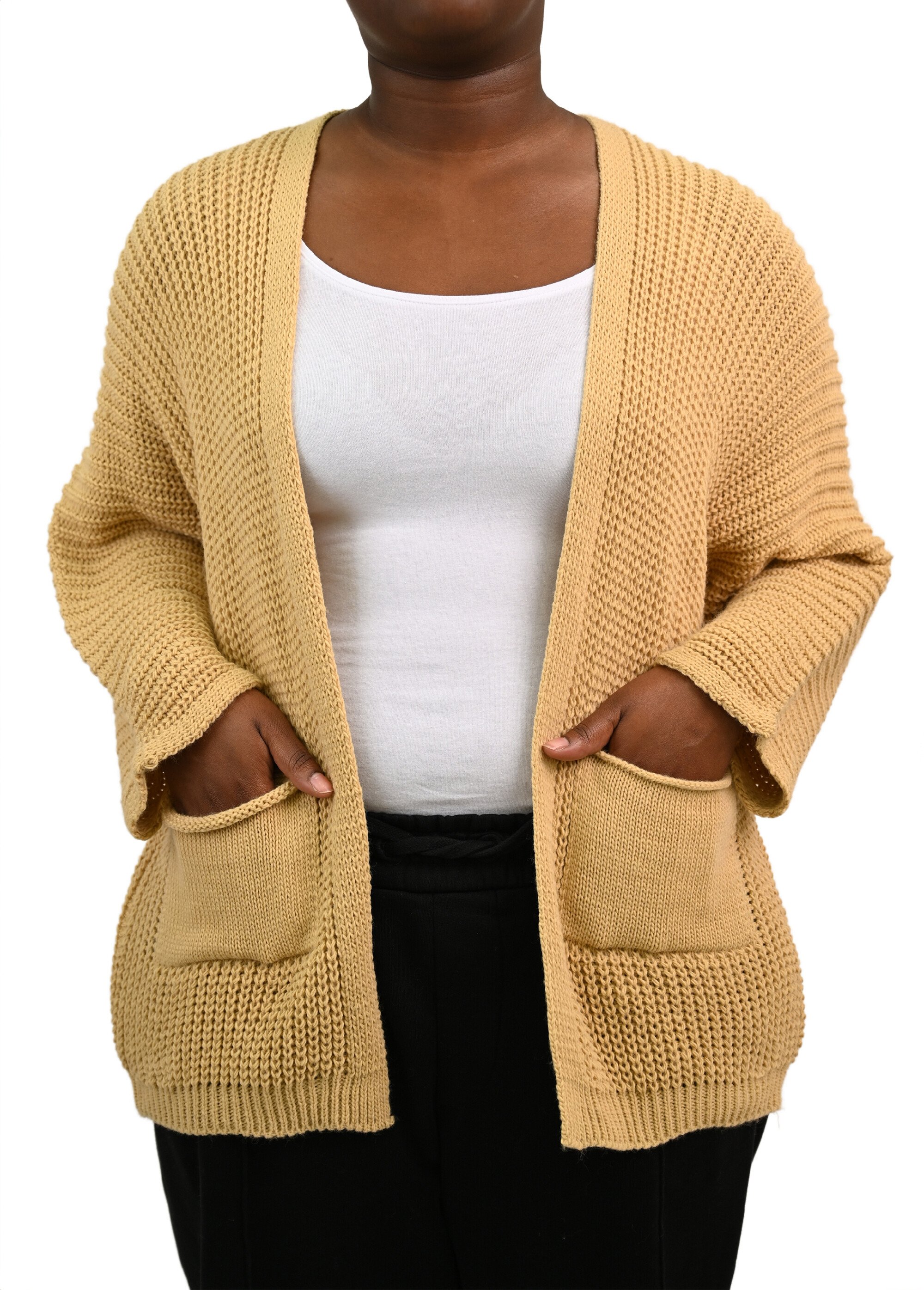 Gilet long maille avec poches plaquées Femme Grande Taille Beige JA-GILONG FA2
