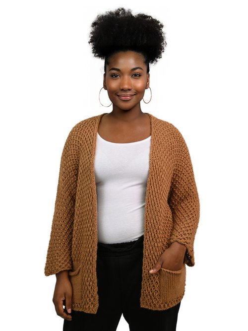 Gilet long maille fantaisie sans coutures Femme Grande Taille Marron JA-GIMAFAN FA1