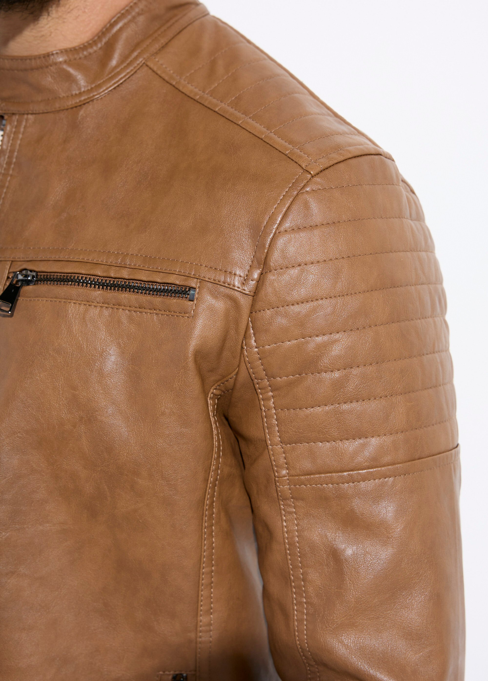 Blouson simili cuir zippé style motard Homme Beige FRIL628-60 DE1