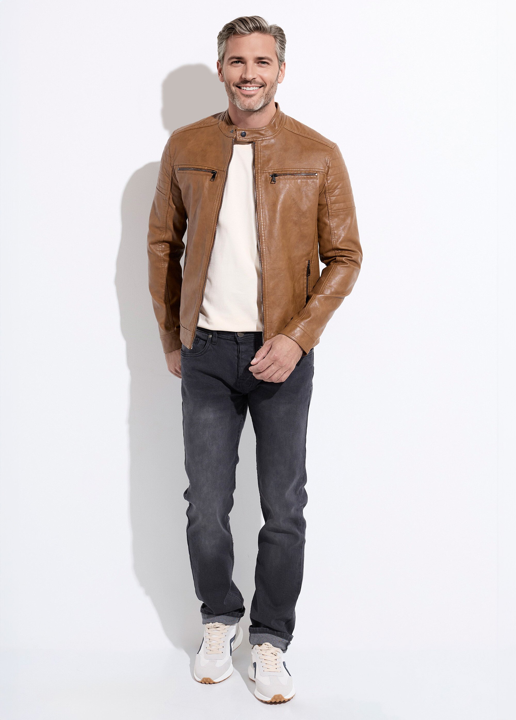 Blouson simili cuir zippé style motard Homme Beige FRIL628-60 SF1