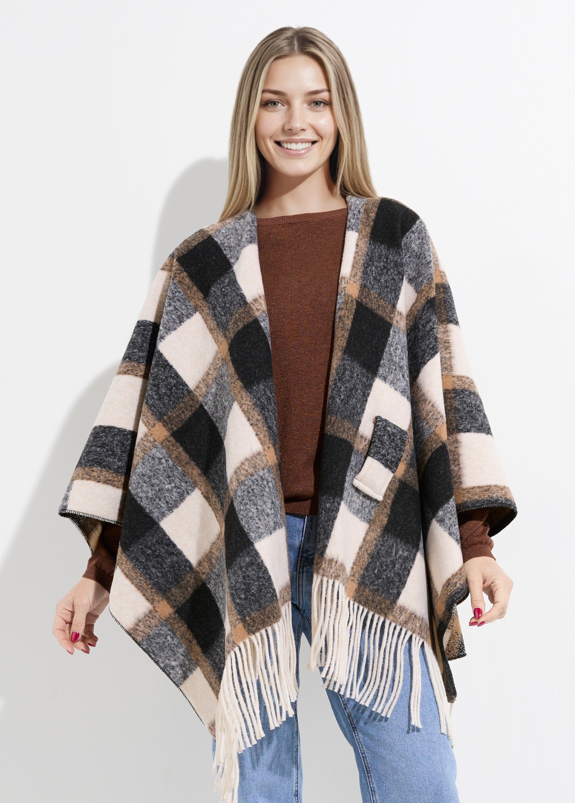 Manteau cape à carreaux aspect lainage Femme Beige LBV-831 FA1