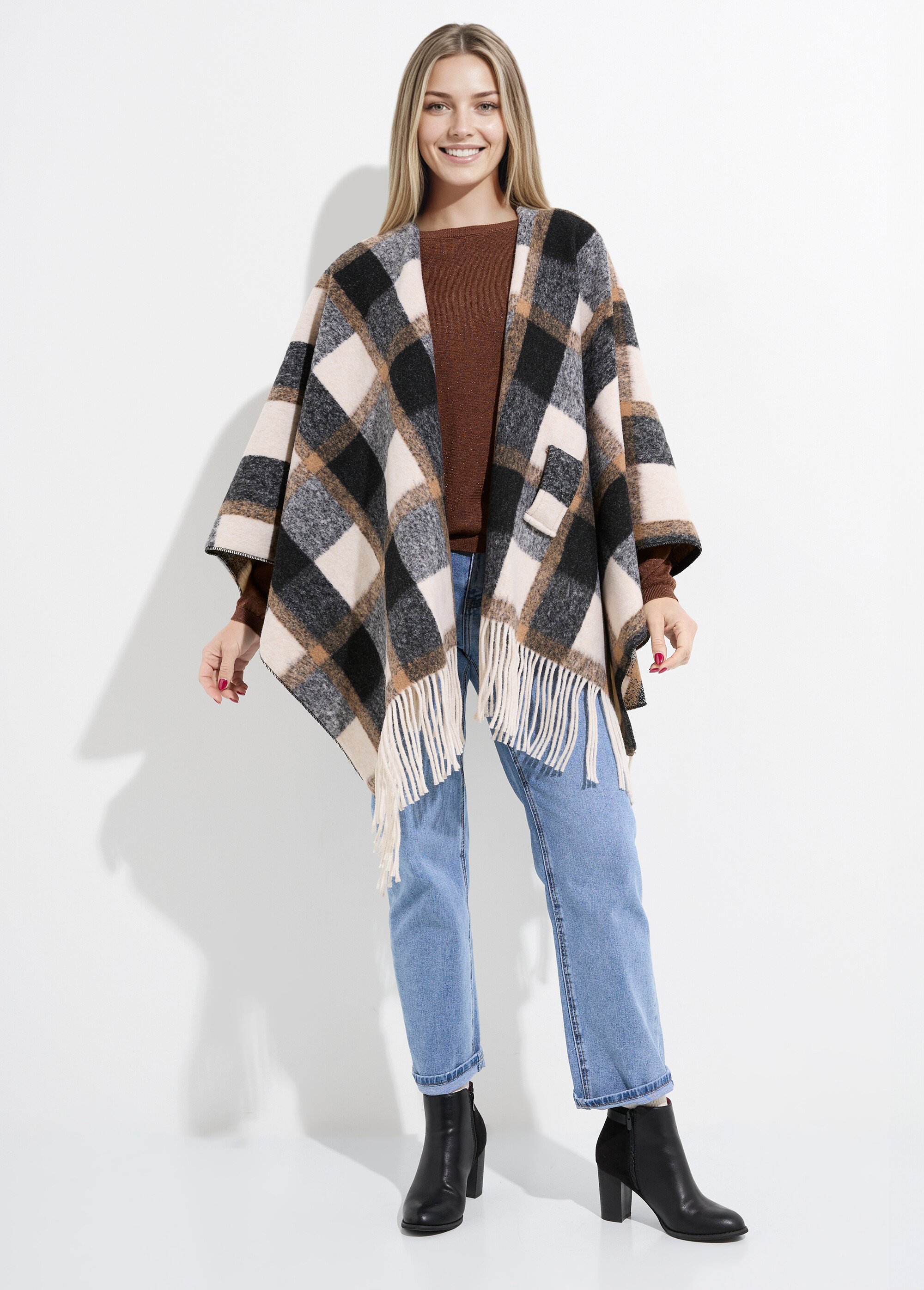 Manteau cape à carreaux aspect lainage Femme Beige LBV-831 SF1