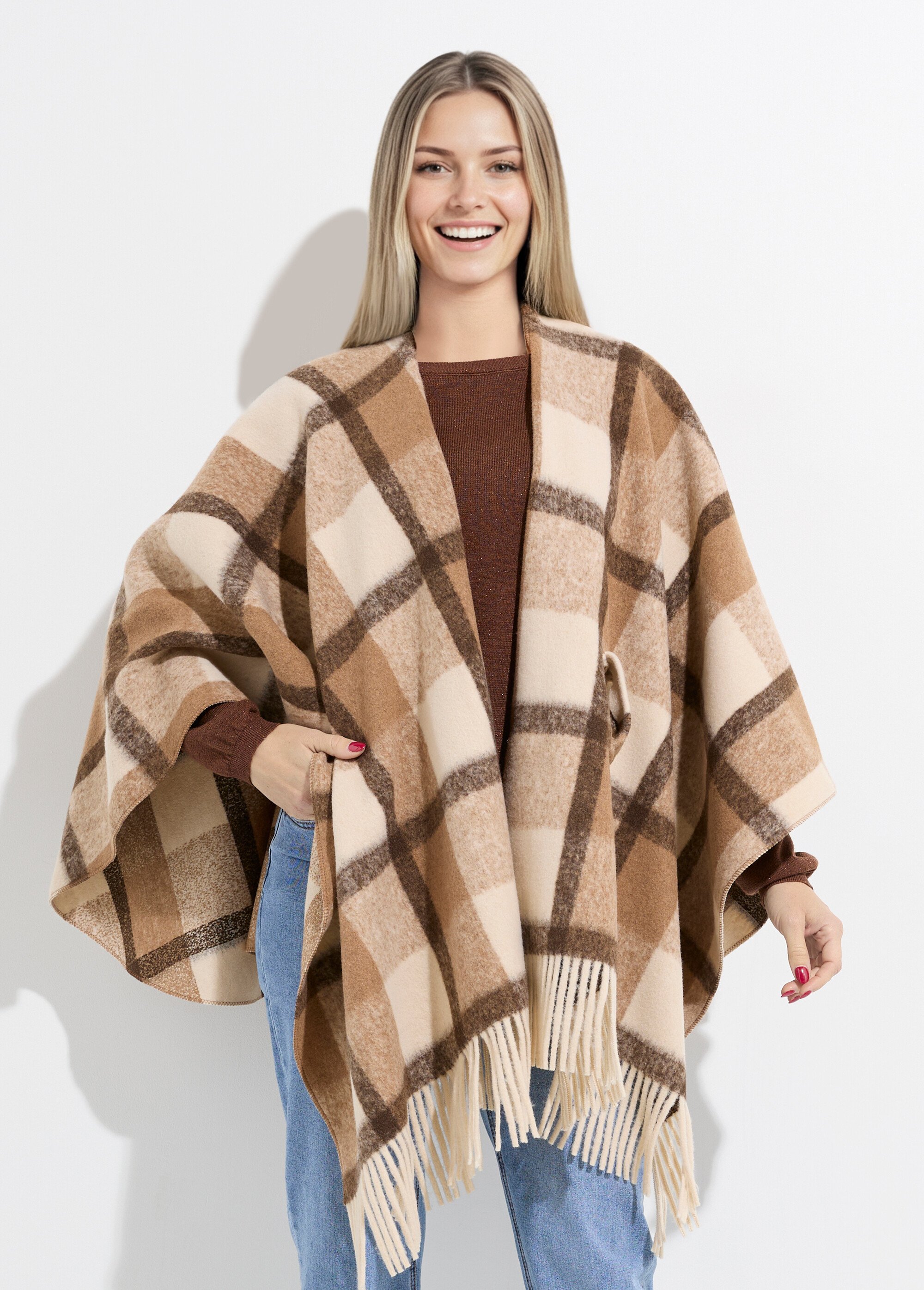 Manteau cape à carreaux aspect lainage Femme Beige LBV-831 FA1