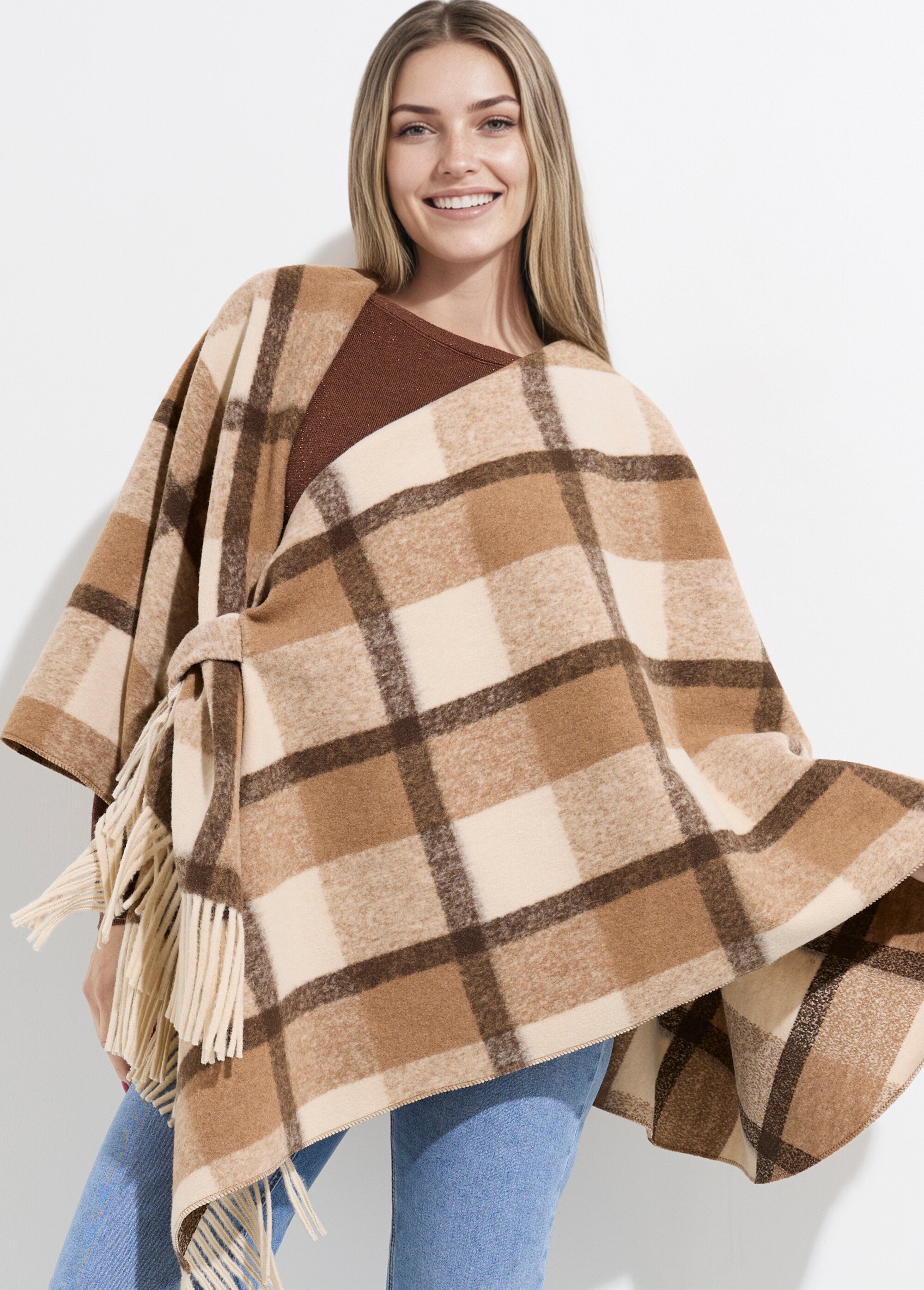 Manteau cape à carreaux aspect lainage Femme Beige LBV-831 MV1