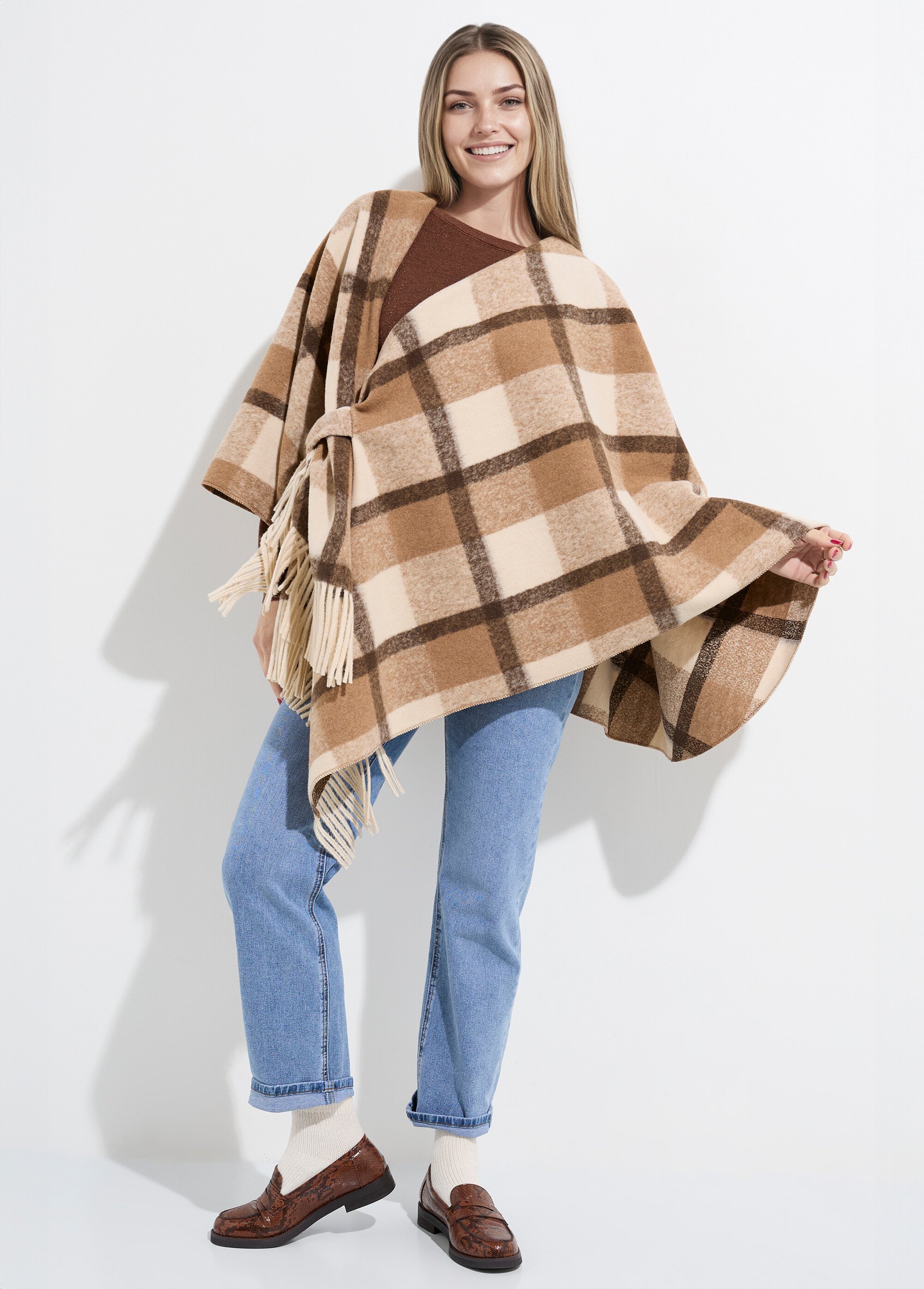 Manteau cape à carreaux aspect lainage Femme Beige LBV-831 SI1