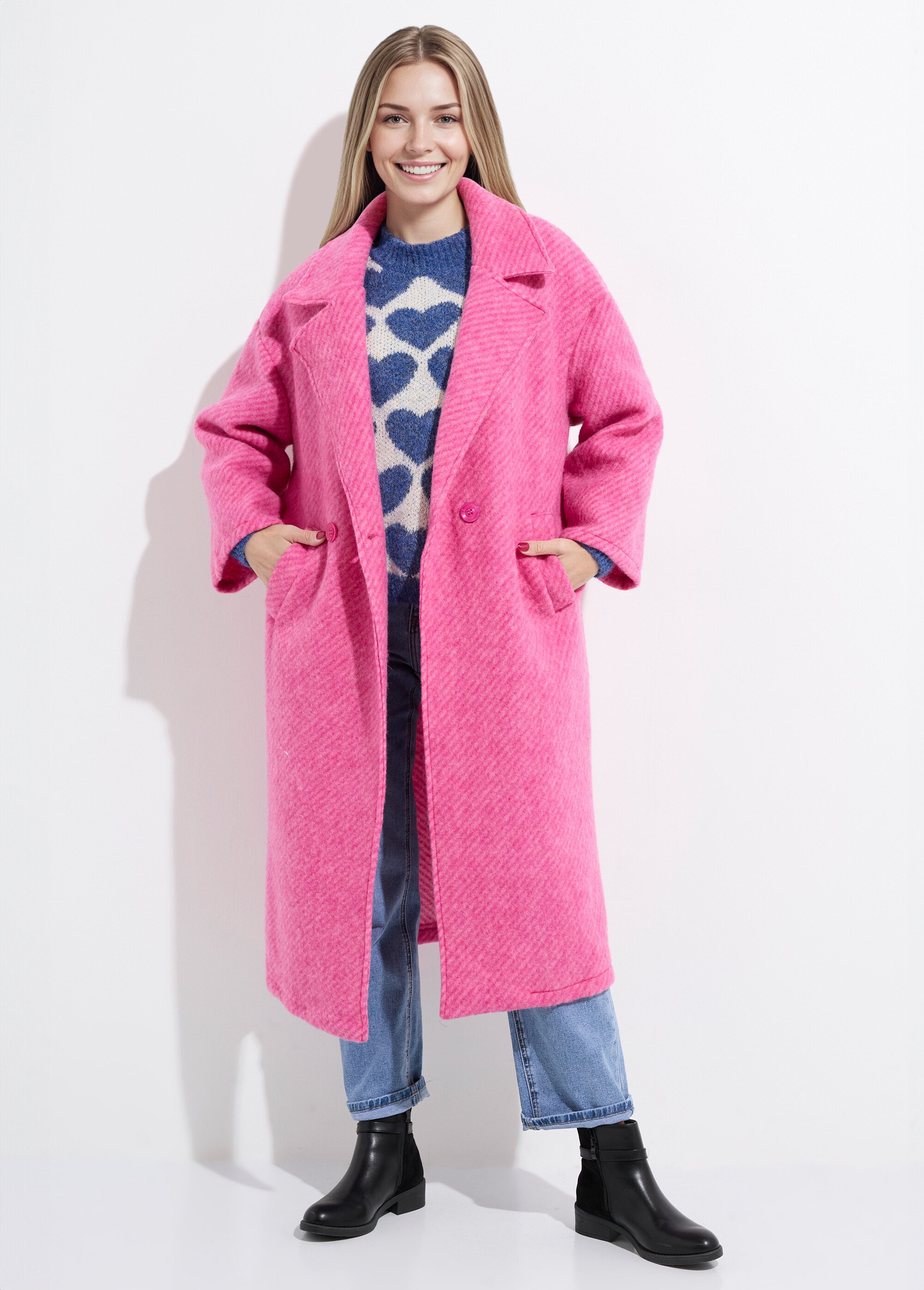 Manteau long en lainage chaud motif strié Femme Rose LBV-9009R FA1