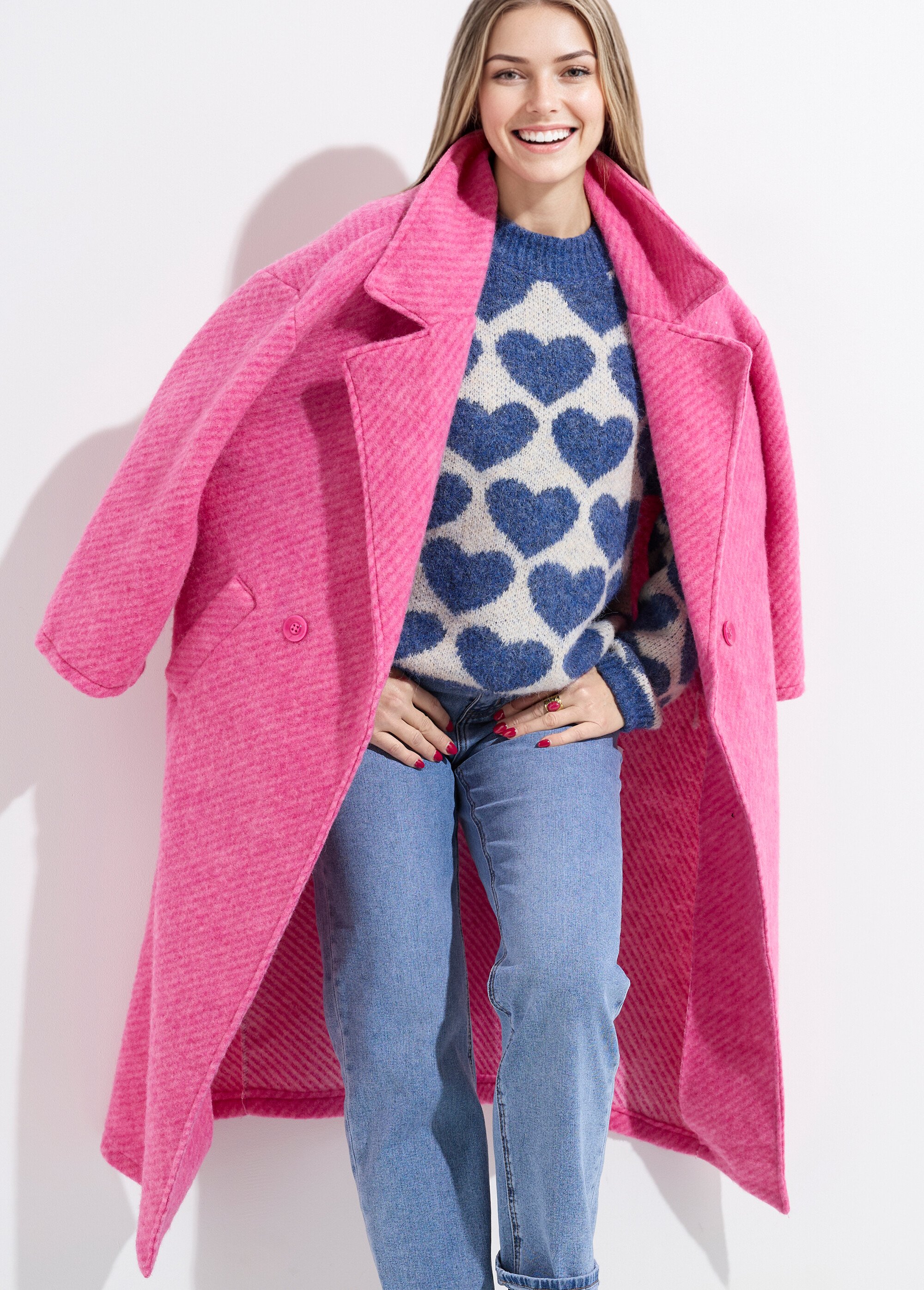 Manteau long strié chaud, avec laine