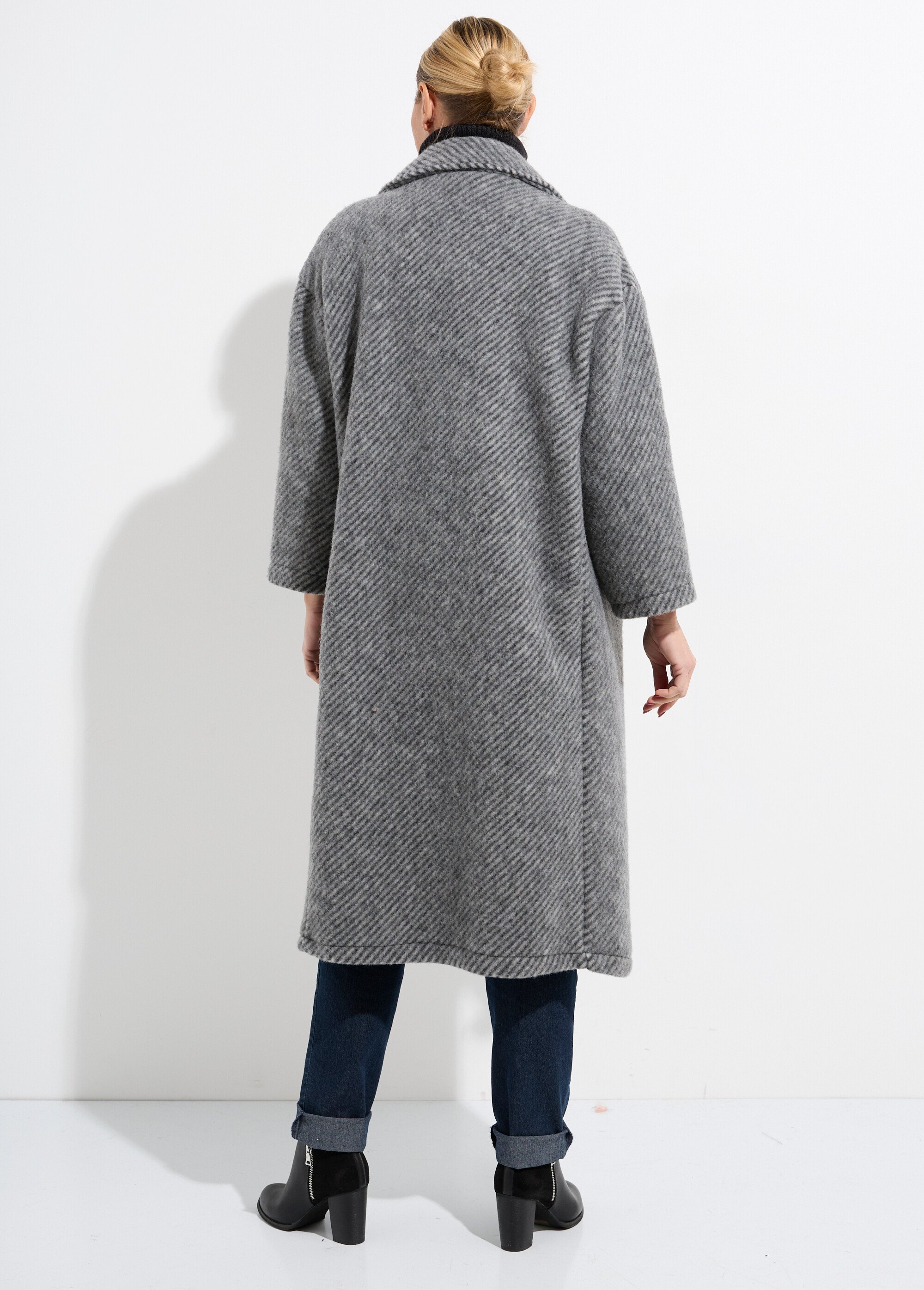 Manteau long en lainage chaud motif strié Femme Gris LBV-9009R DO1