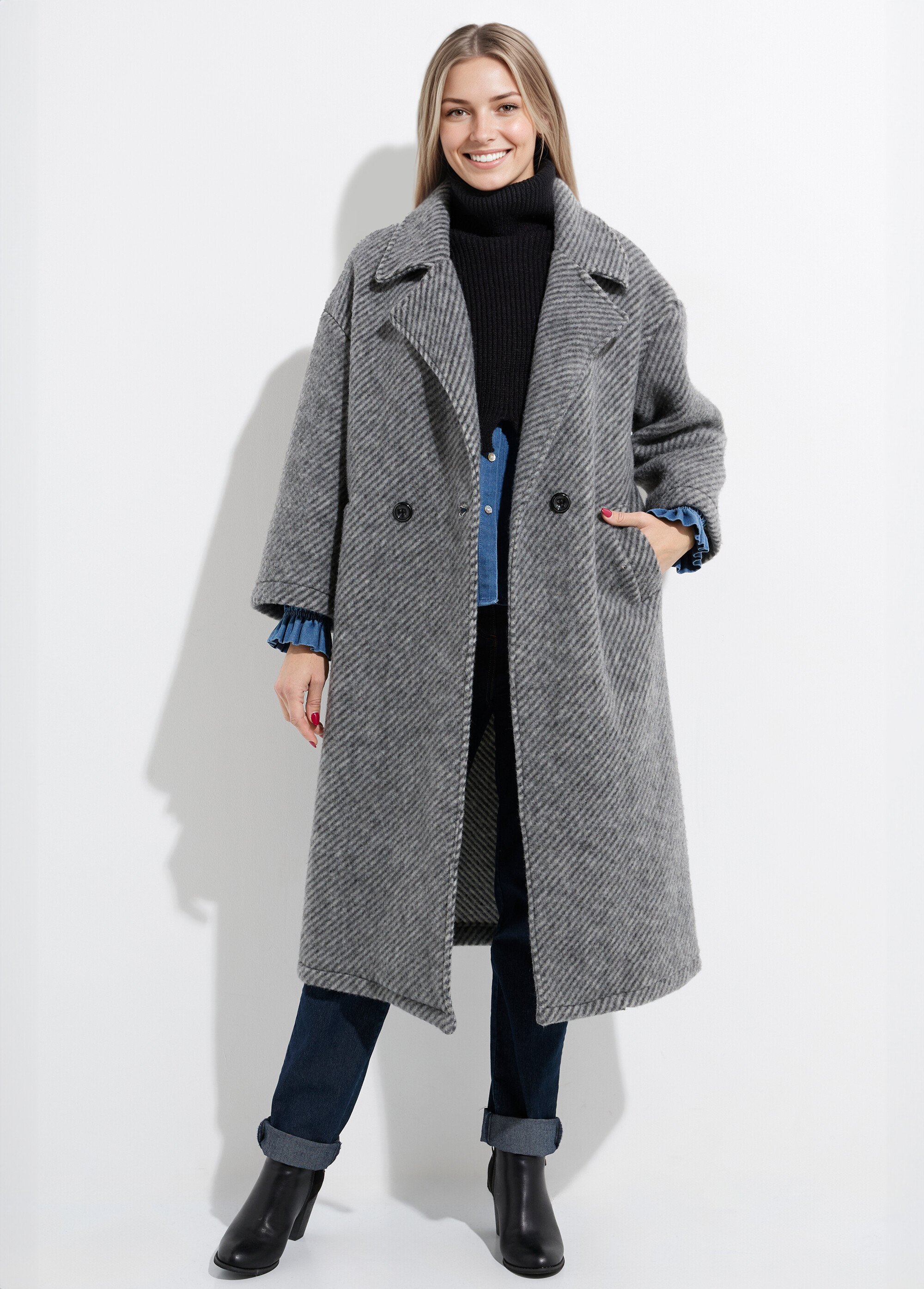 Manteau long en lainage chaud motif strié Femme Gris LBV-9009R FA1