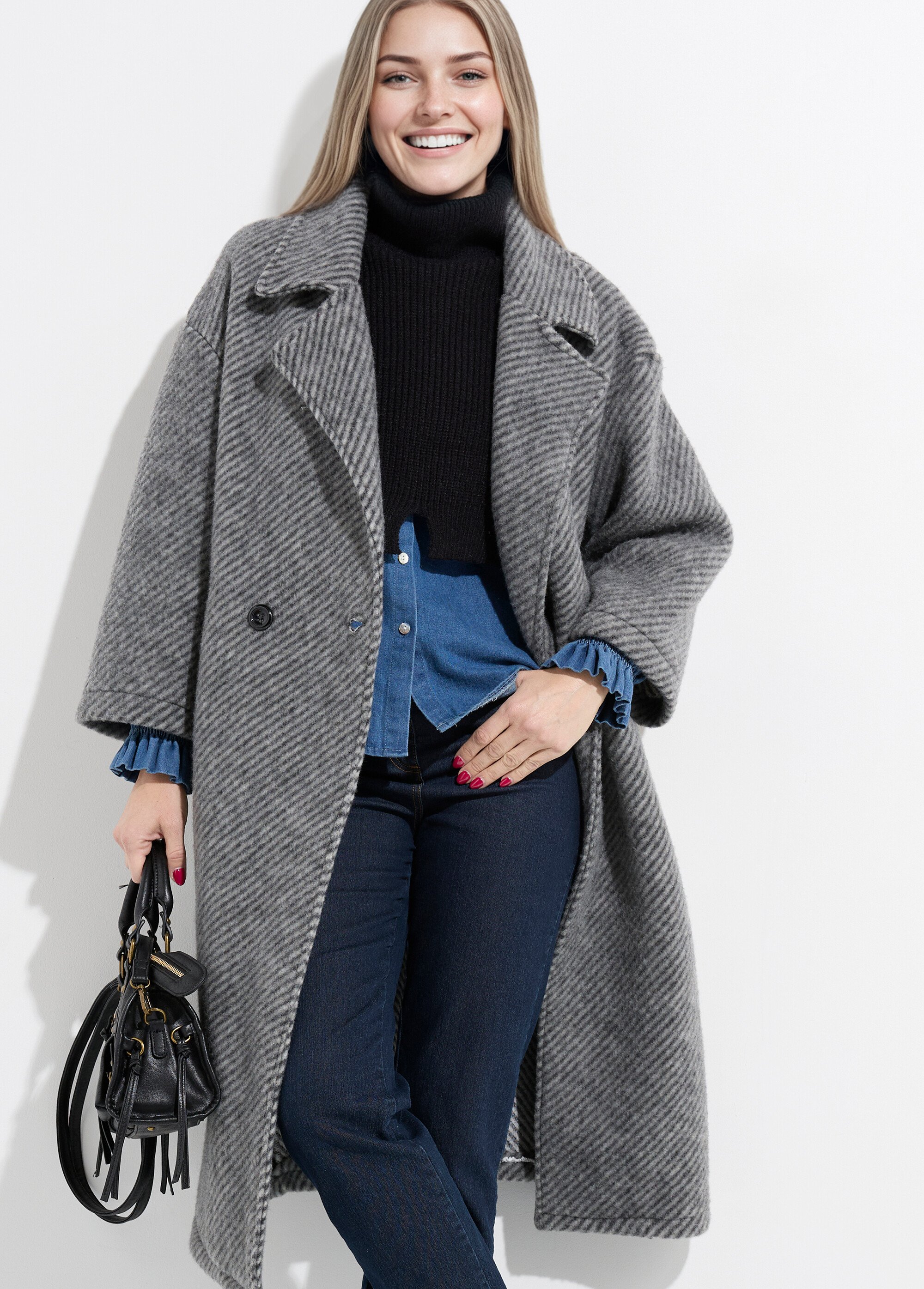 Manteau long strié chaud, avec laine