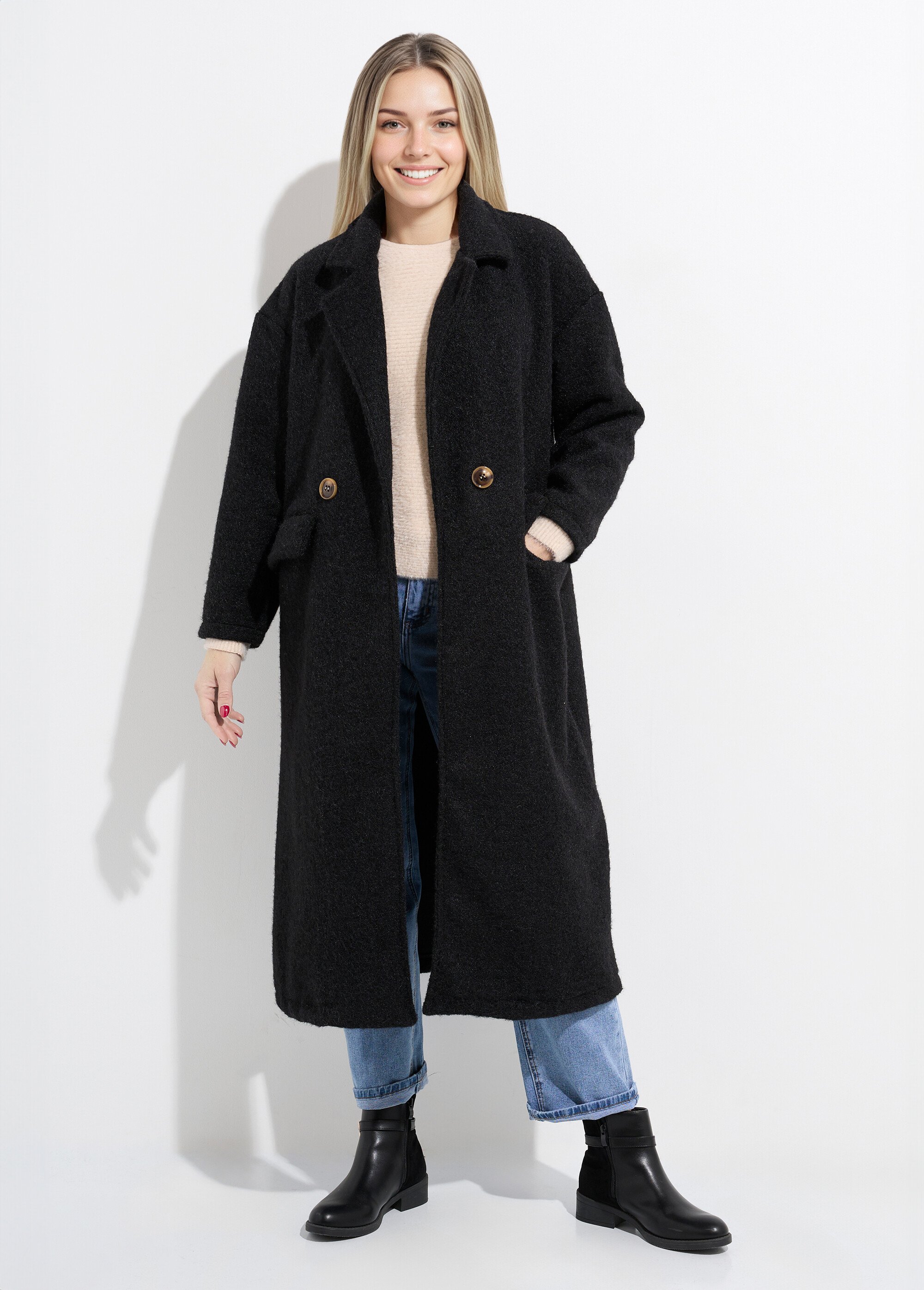 Manteau long façon laine bouillie Femme Noir LBV-25085 FA1