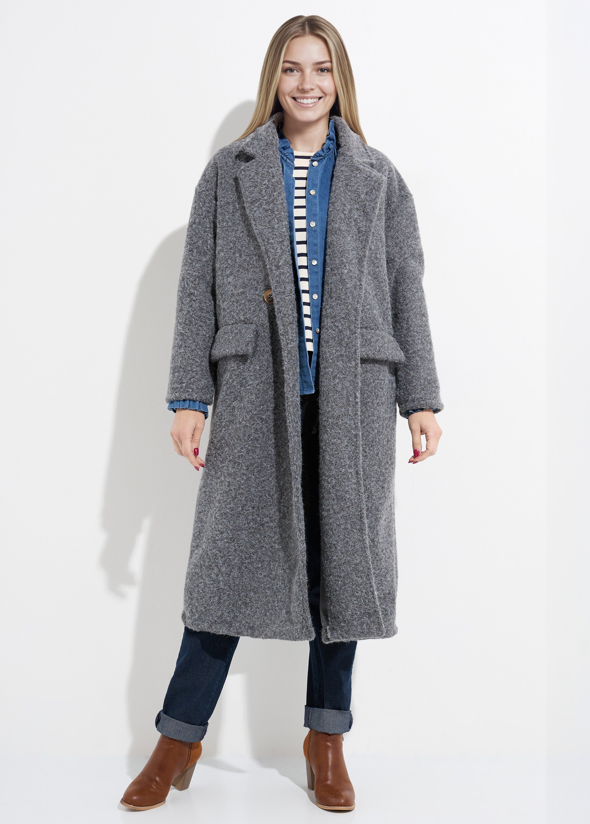 Manteau long façon laine bouillie Femme Gris LBV-25085 FA1