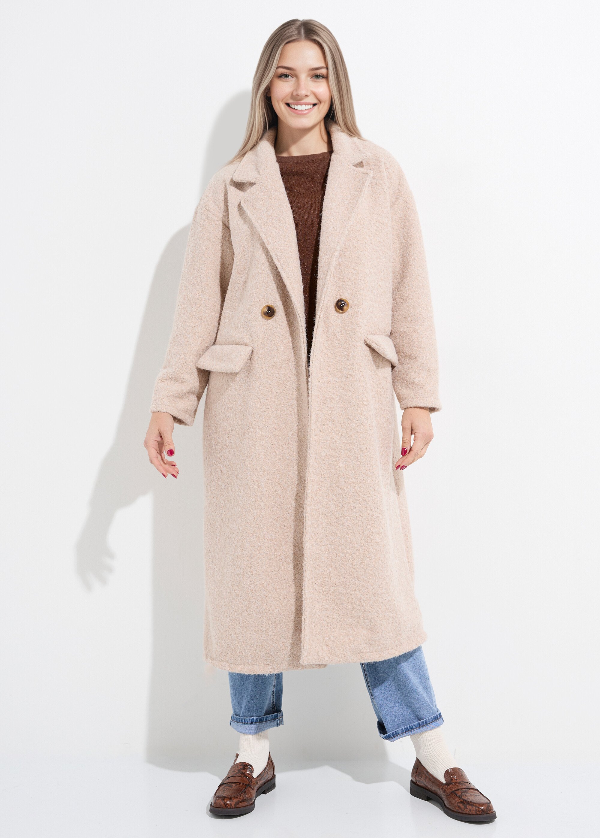 Manteau long façon laine bouillie Femme Beige LBV-25085 FA1