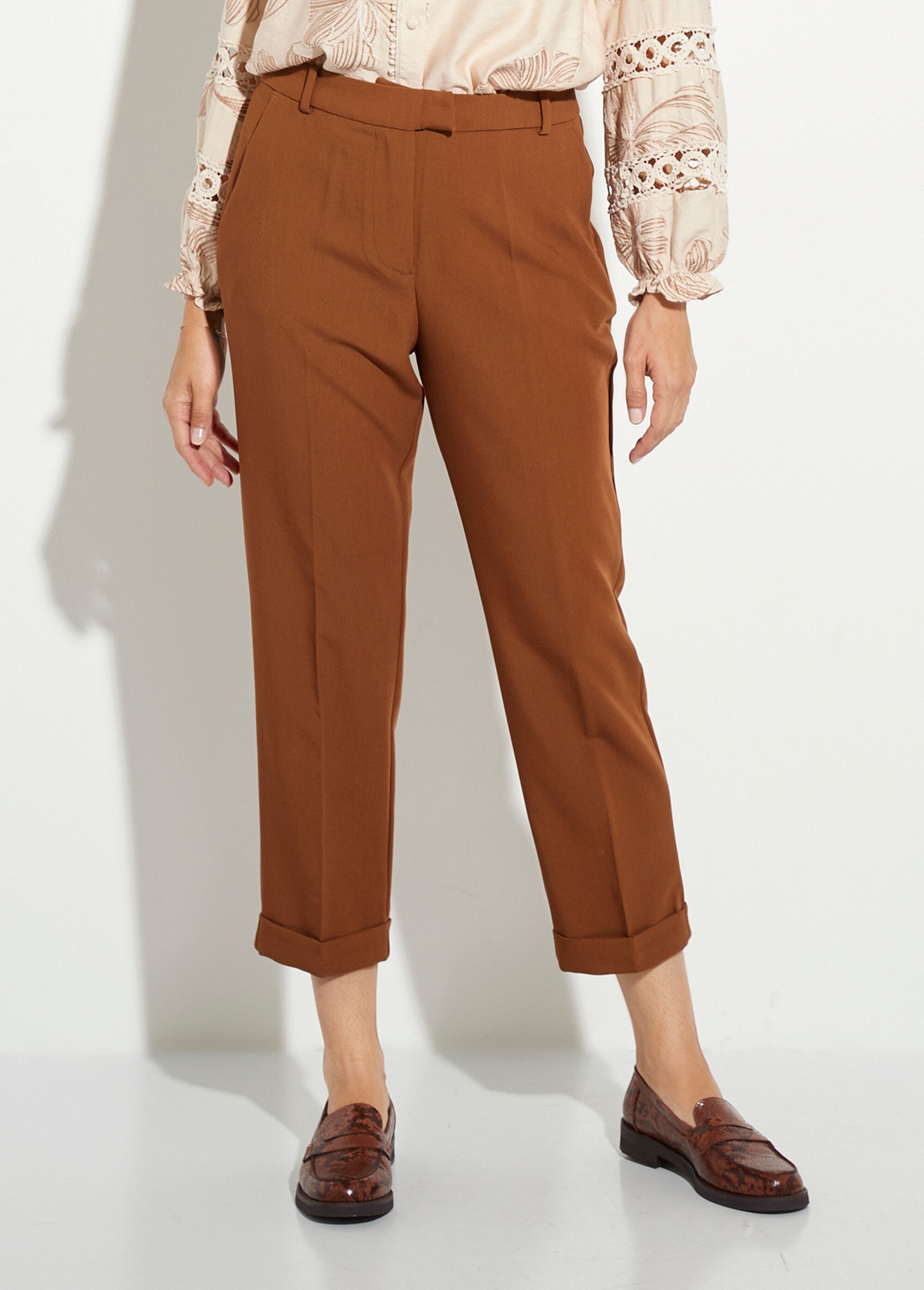 Pantalon cigarette à revers chic Femme Beige OR-C2031 FA1