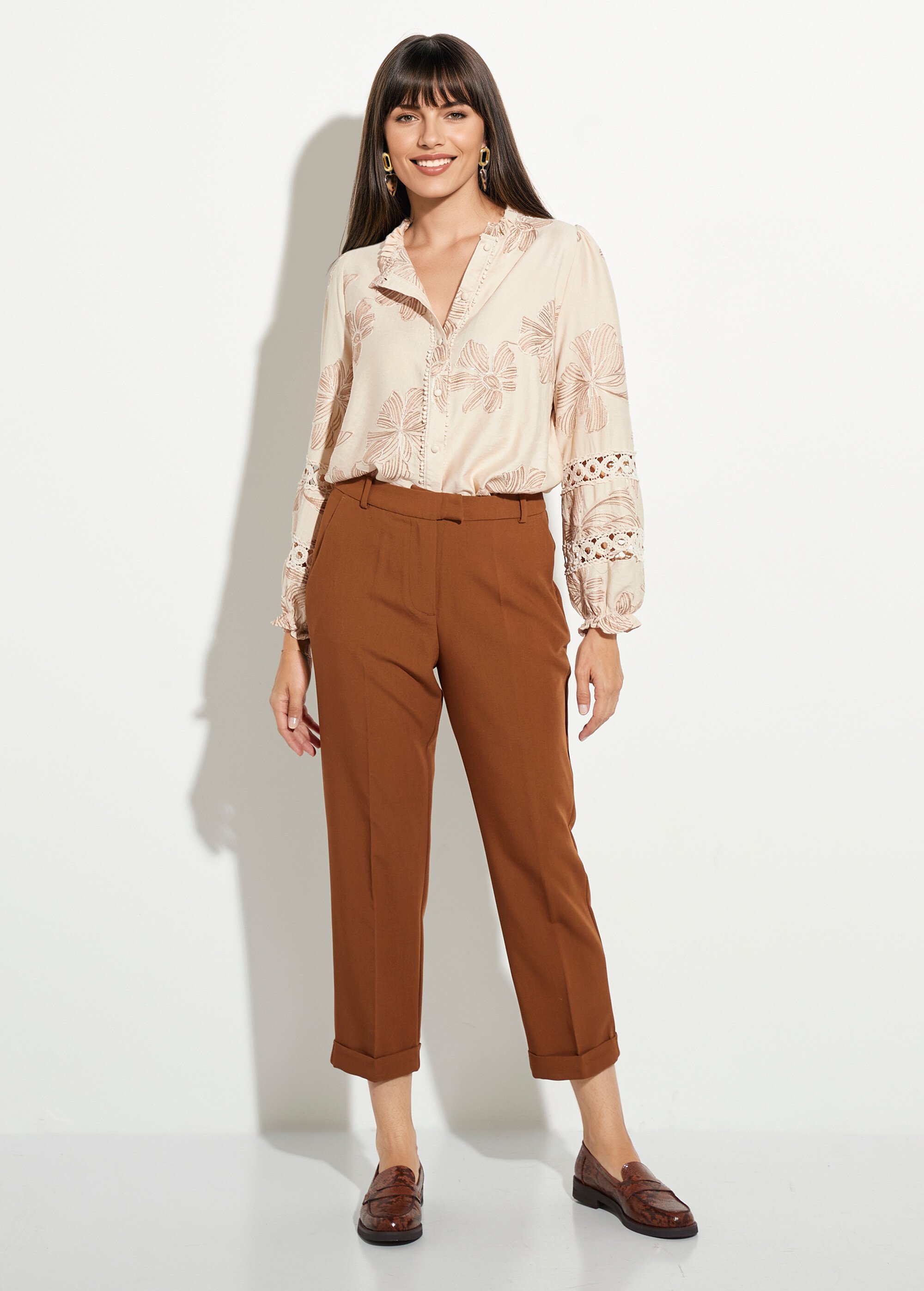 Pantalon cigarette à revers chic Femme Beige OR-C2031 SF1