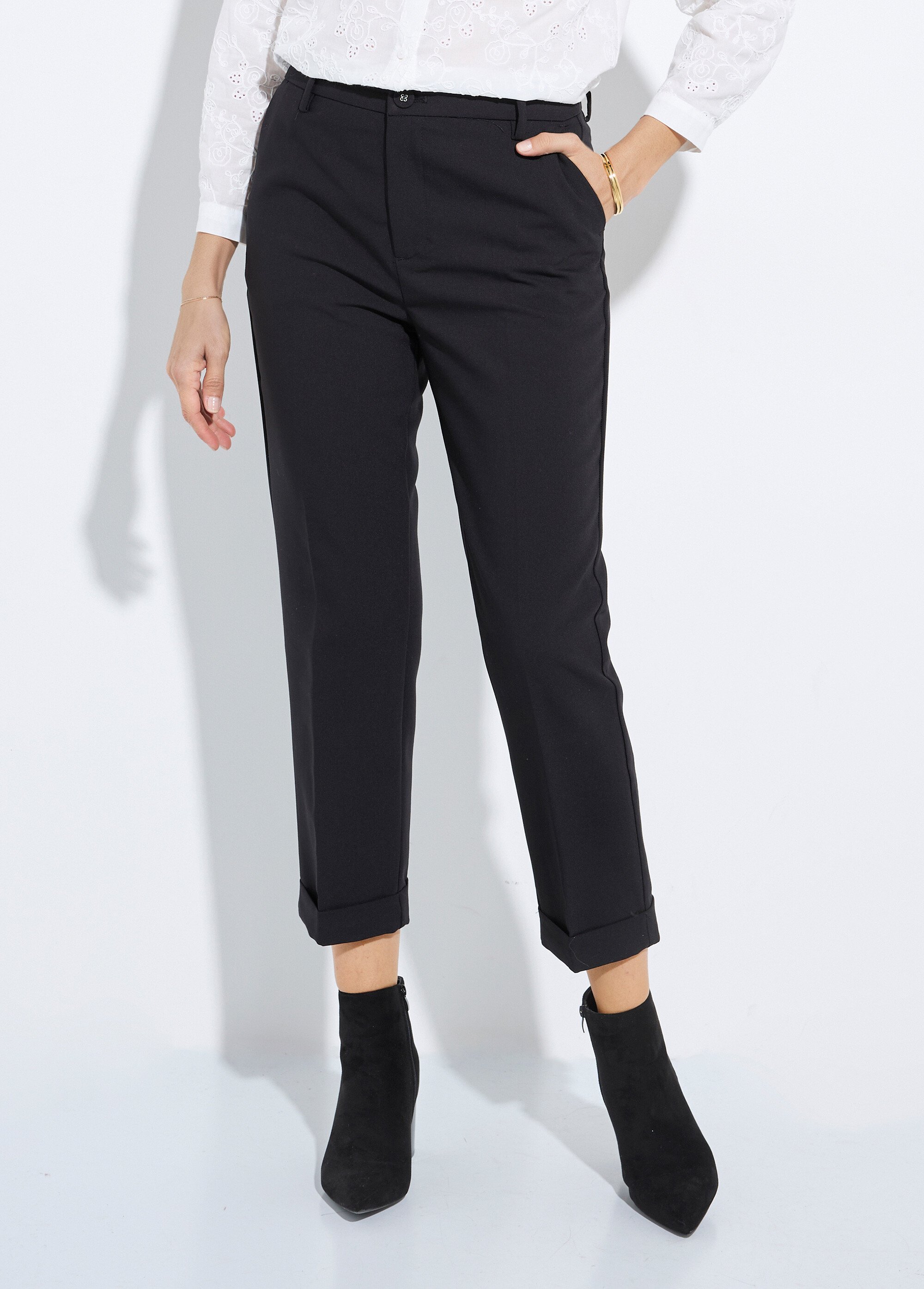 Pantalon cigarette à revers chic Femme Noir OR-C2031 FA1