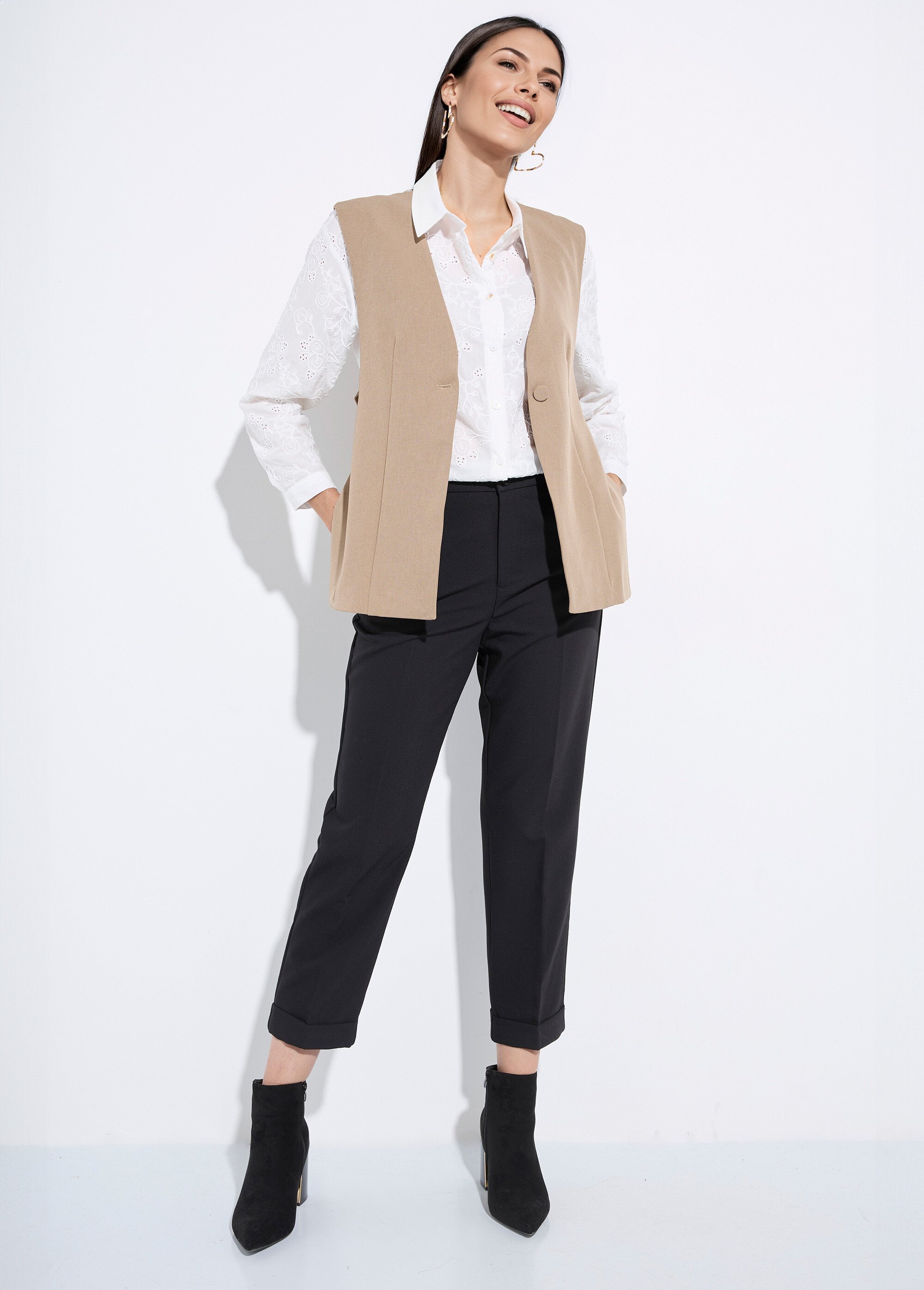 Pantalon cigarette à revers chic Femme Noir OR-C2031 MV1
