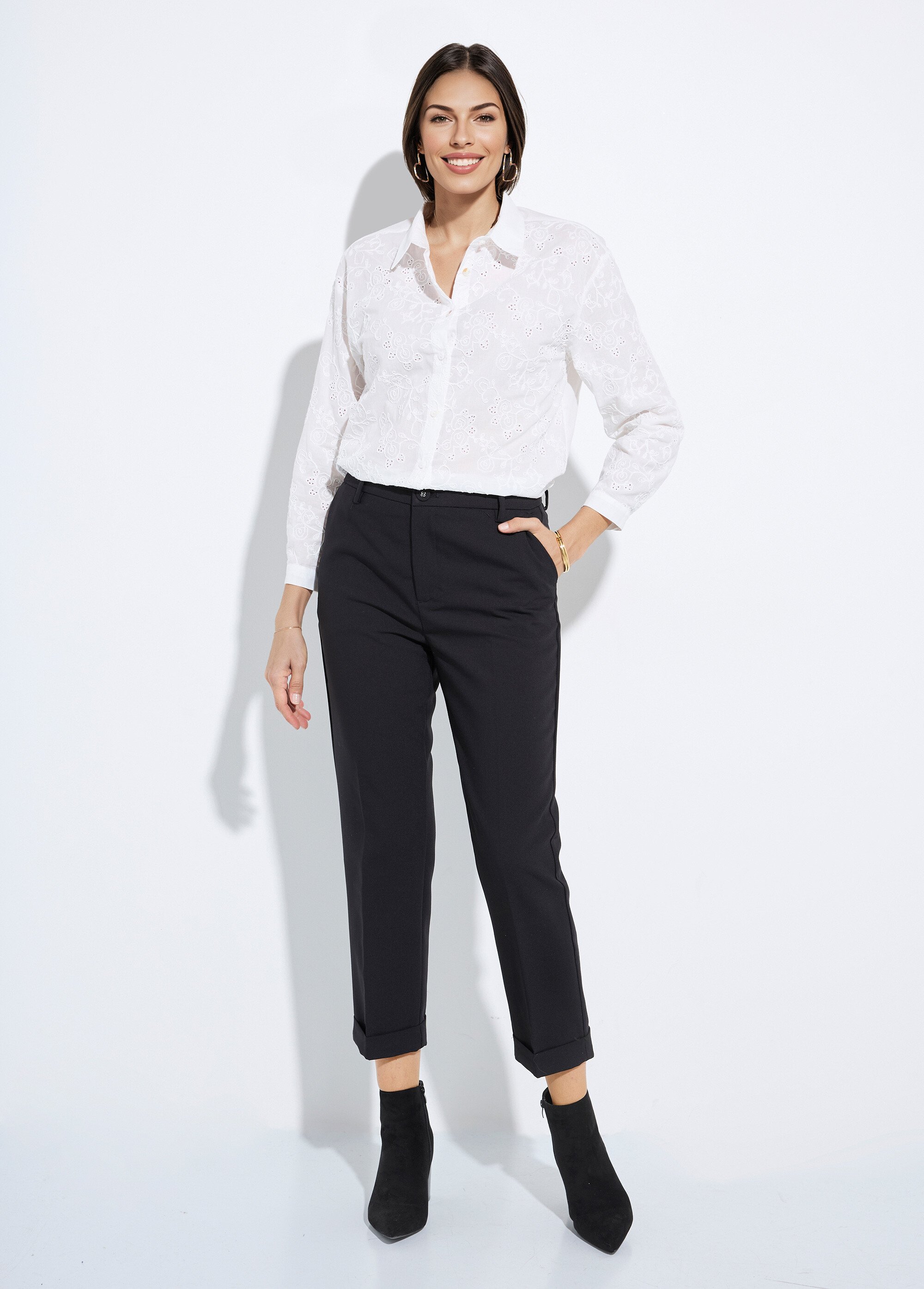 Pantalon cigarette à revers chic Femme Noir OR-C2031 SF1