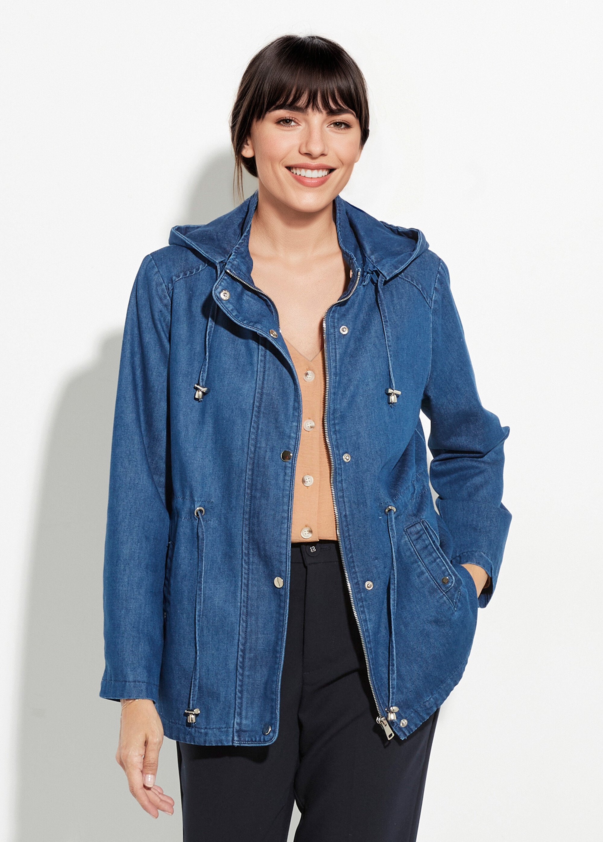 Parka en denim avec capuche amovible Femme Bleu CHE-H9901 FA1