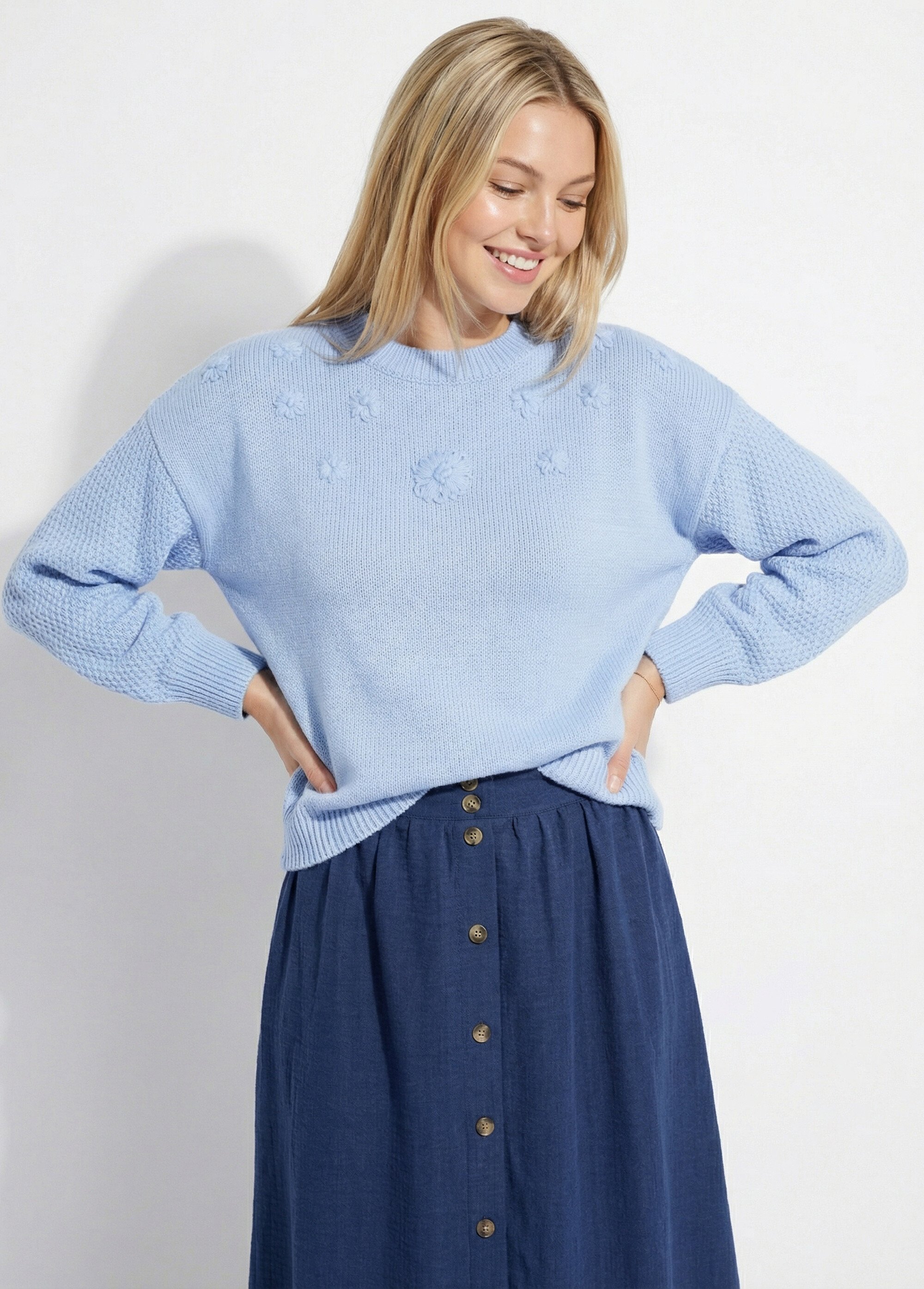 Pull doux fleurs brodées col rond Femme Bleu MAGNOLIA FA1