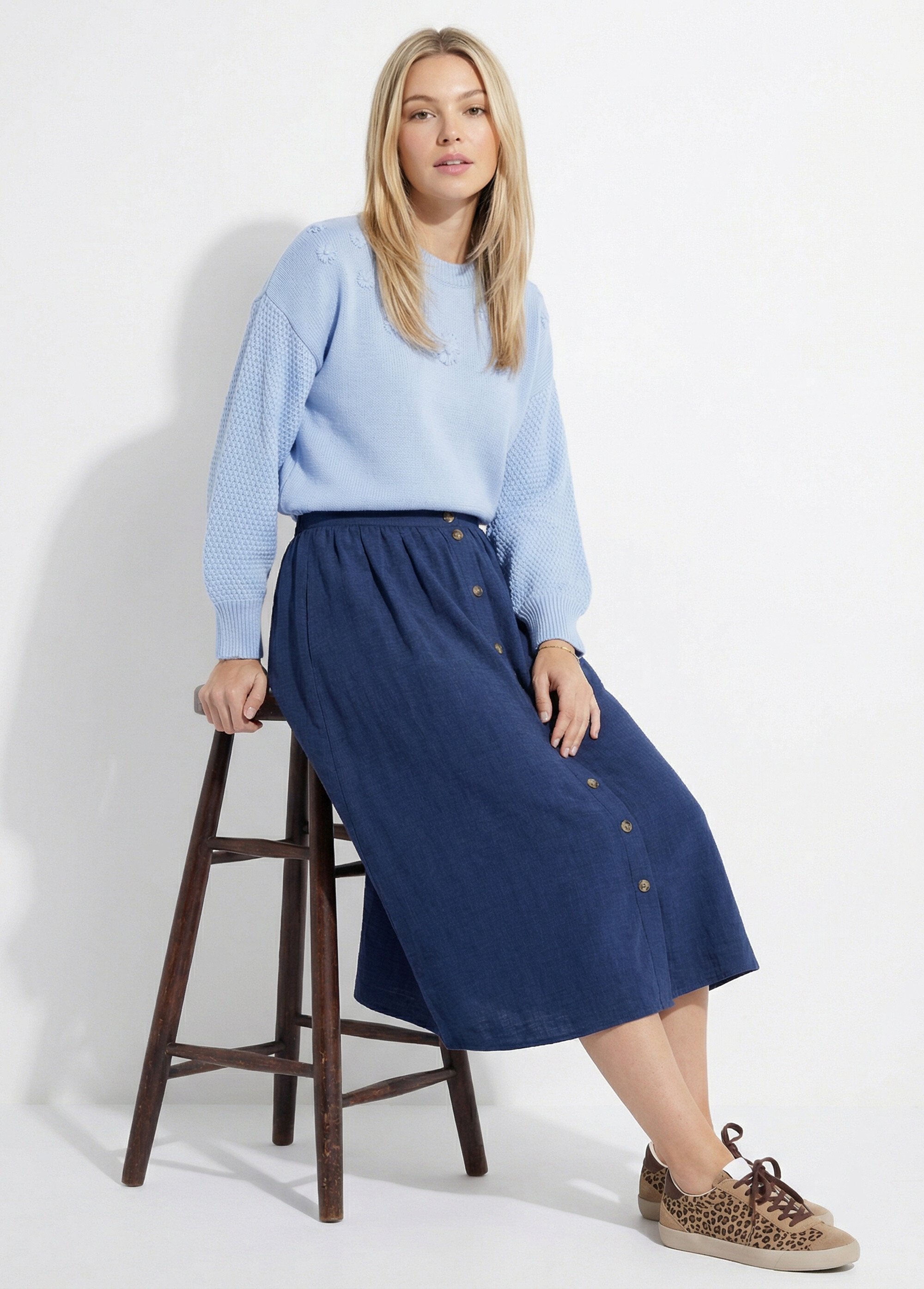 Pull doux fleurs brodées col rond Femme Bleu MAGNOLIA SI1