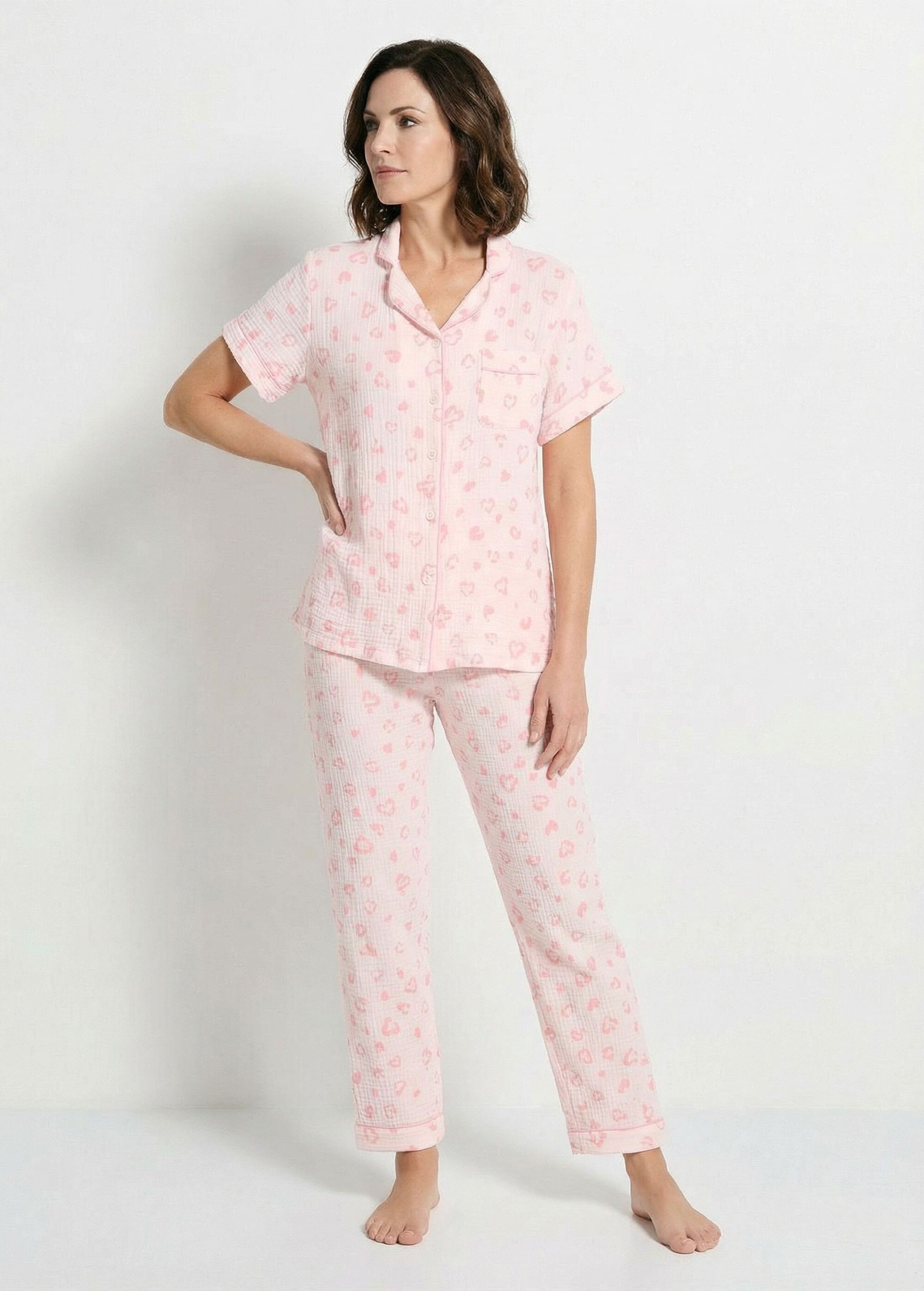 Pyjama boutonné gaze de coton imprimée Femme Rose SIMA FA1