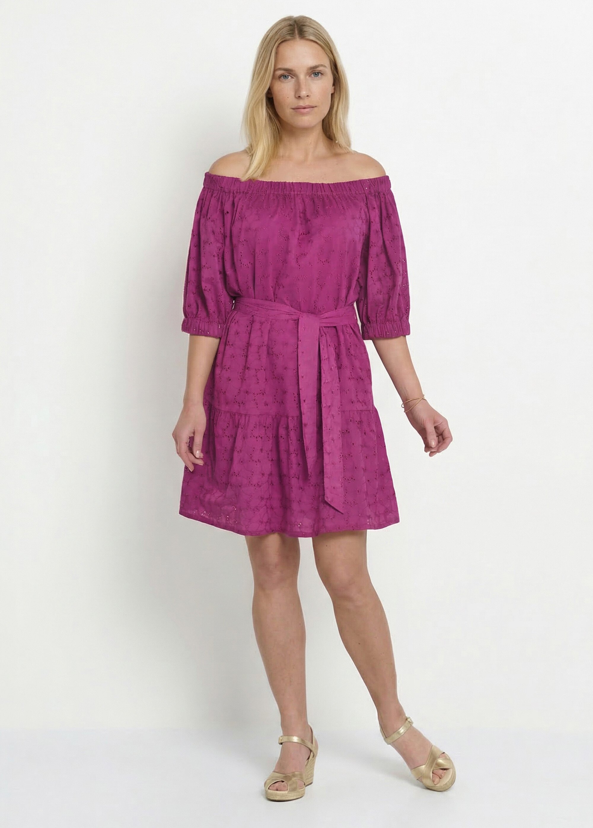 Robe courte col Bardot broderie anglaise Femme Violet ANG-OVIANY FA1