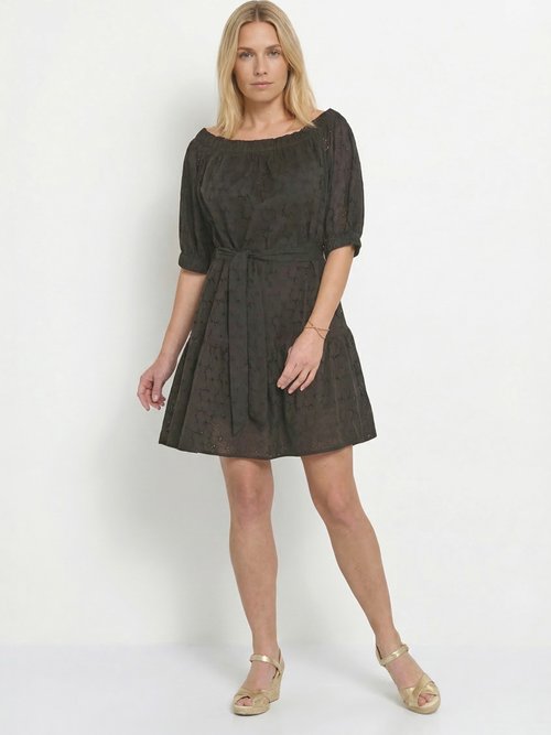 Robe courte col Bardot broderie anglaise Femme Noir ANG-OVIANY FA1