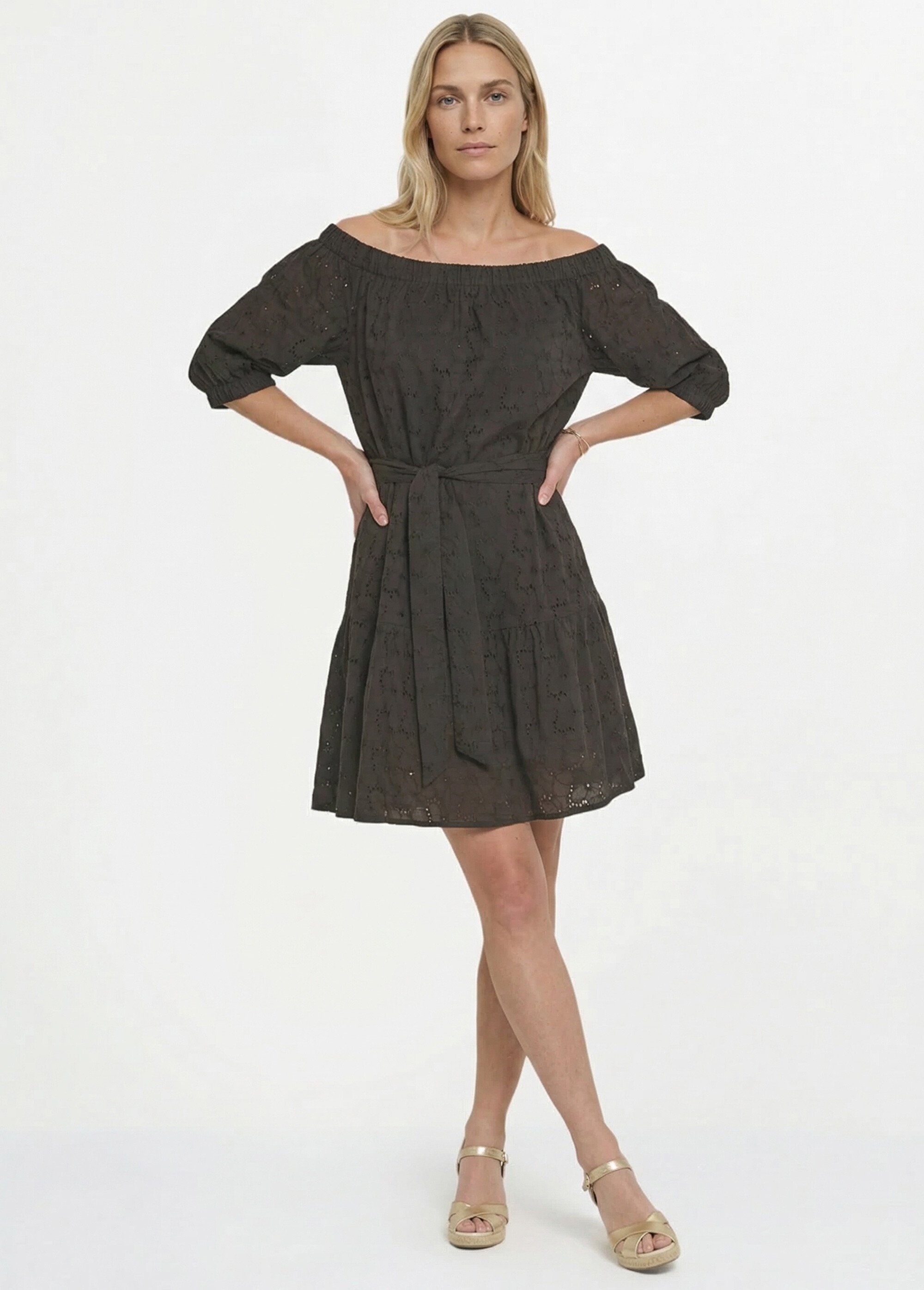 Robe courte col Bardot broderie anglaise Femme Noir ANG-OVIANY MV1