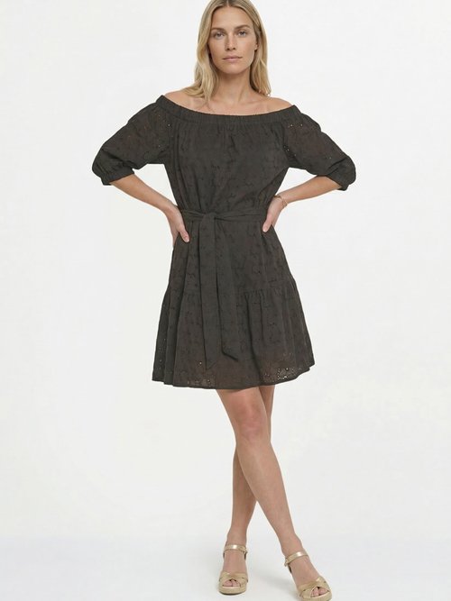 Robe courte col Bardot broderie anglaise Femme Noir ANG-OVIANY MV1