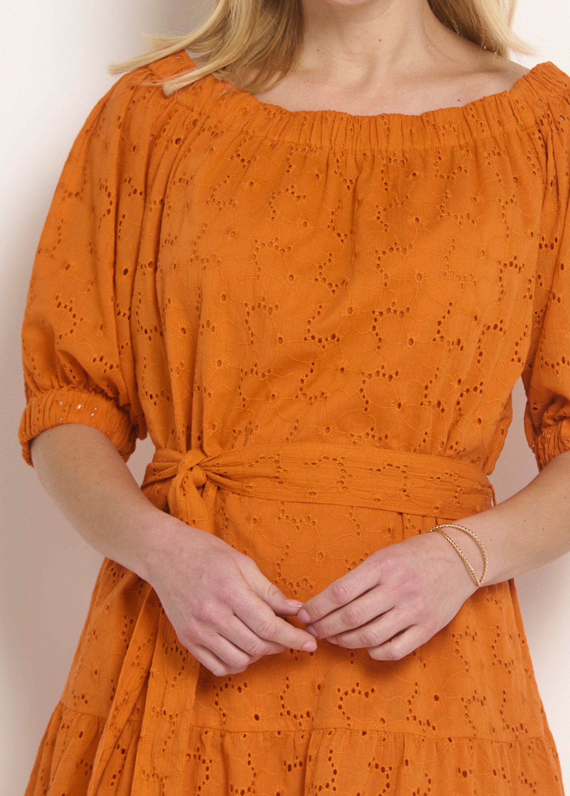 Robe courte col Bardot broderie anglaise Femme Orange ANG-OVIANY DE1