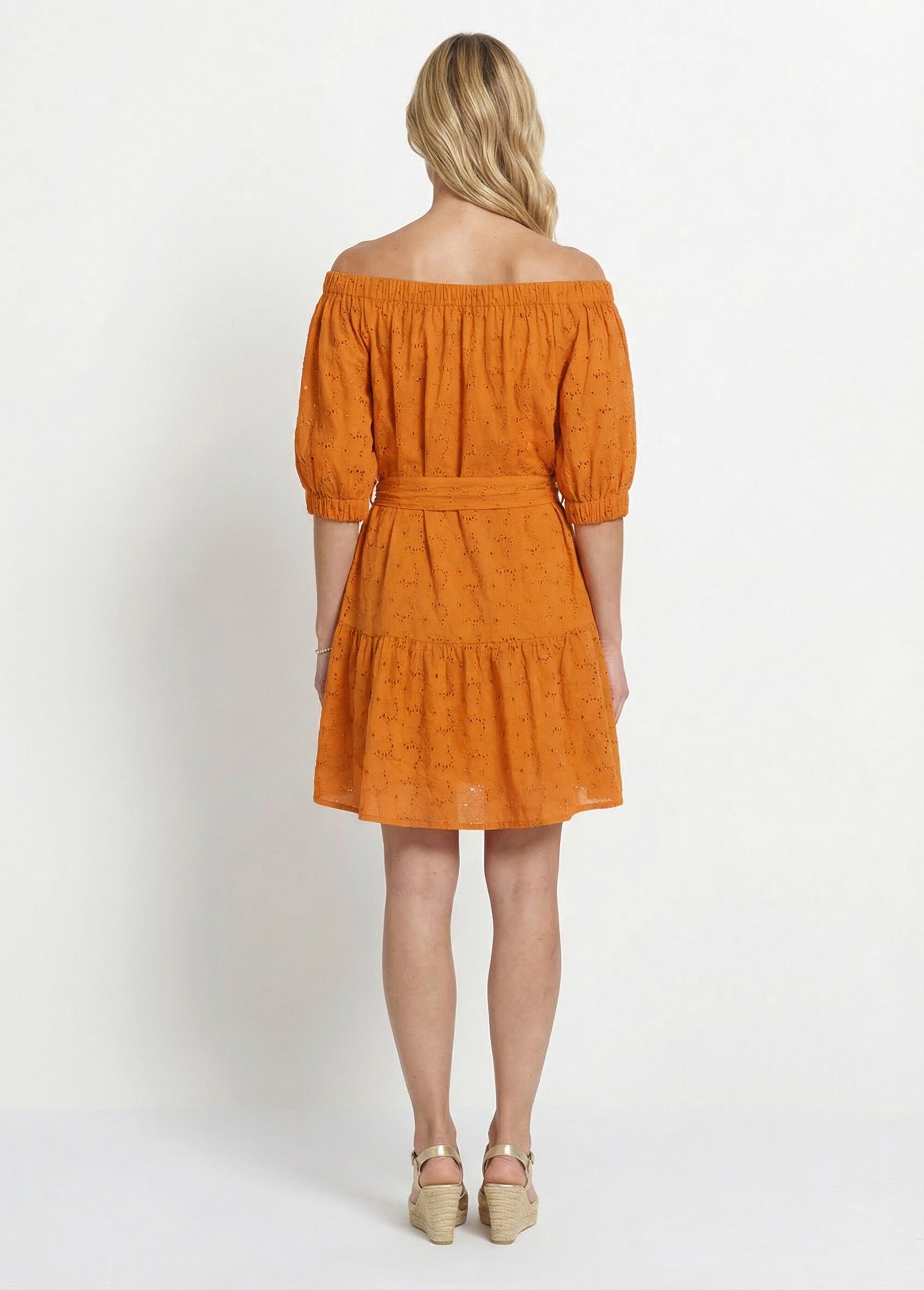 Robe courte col Bardot broderie anglaise Femme Orange ANG-OVIANY DO1