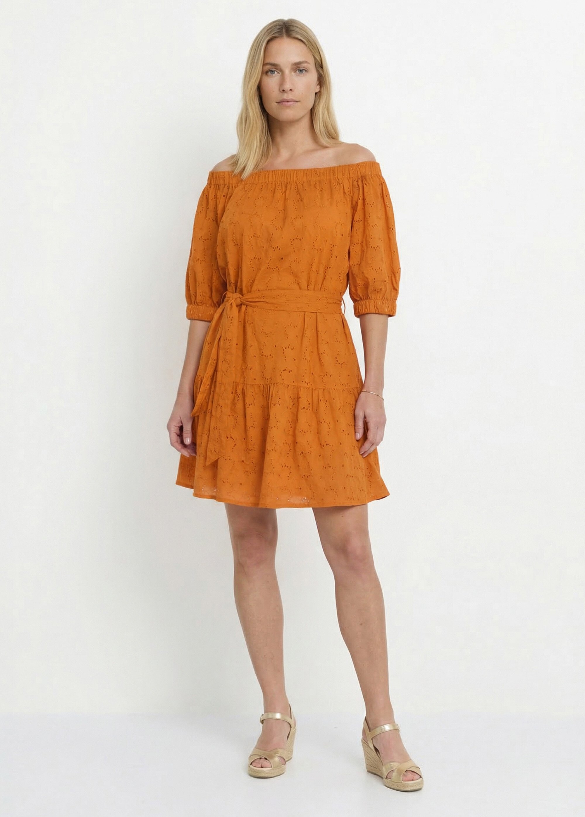 Robe courte col Bardot broderie anglaise Femme Orange ANG-OVIANY FA1
