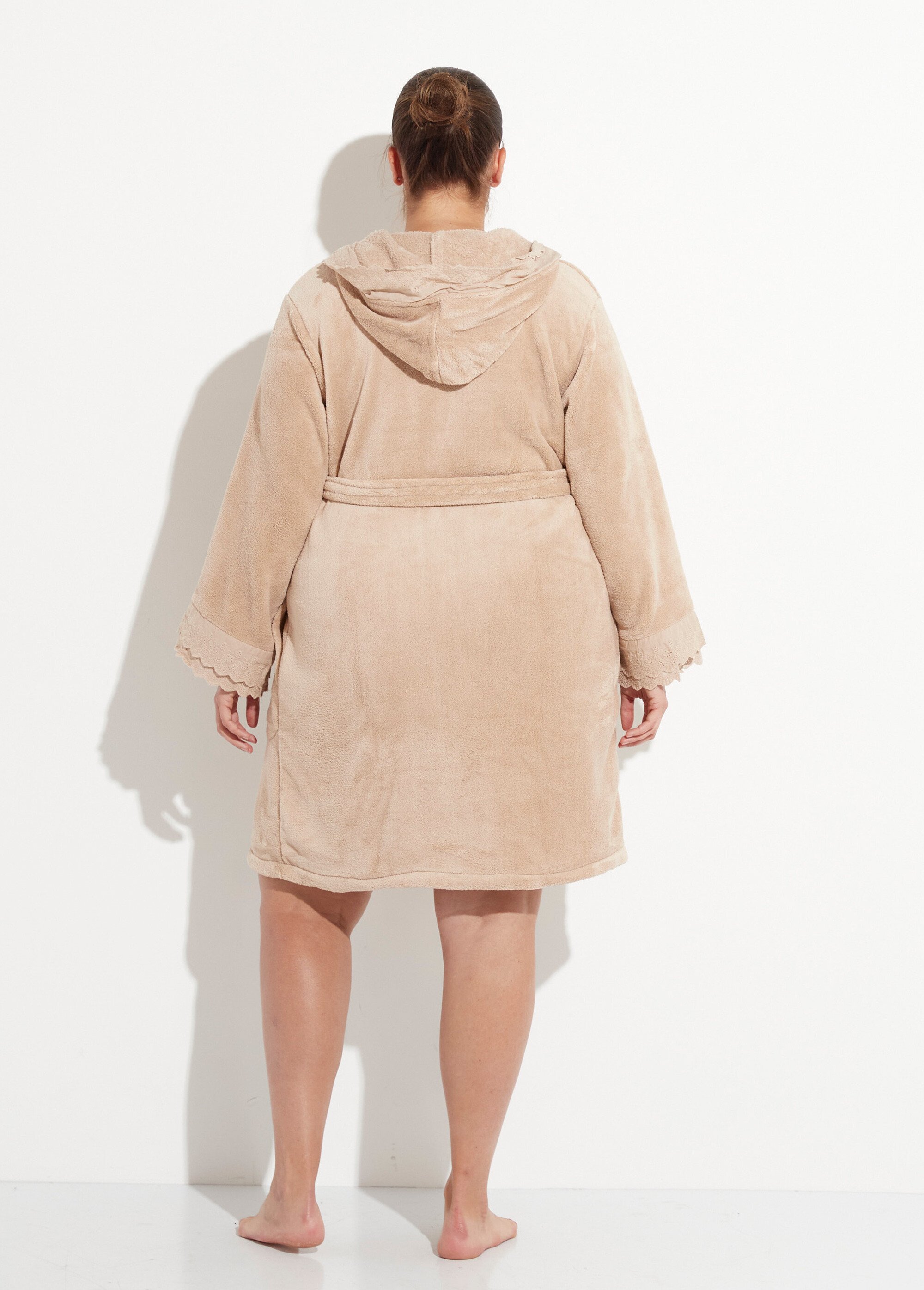 Robe de chambre à capuche, broderie anglaise Femme Grande Taille Marron COT340681 DO1