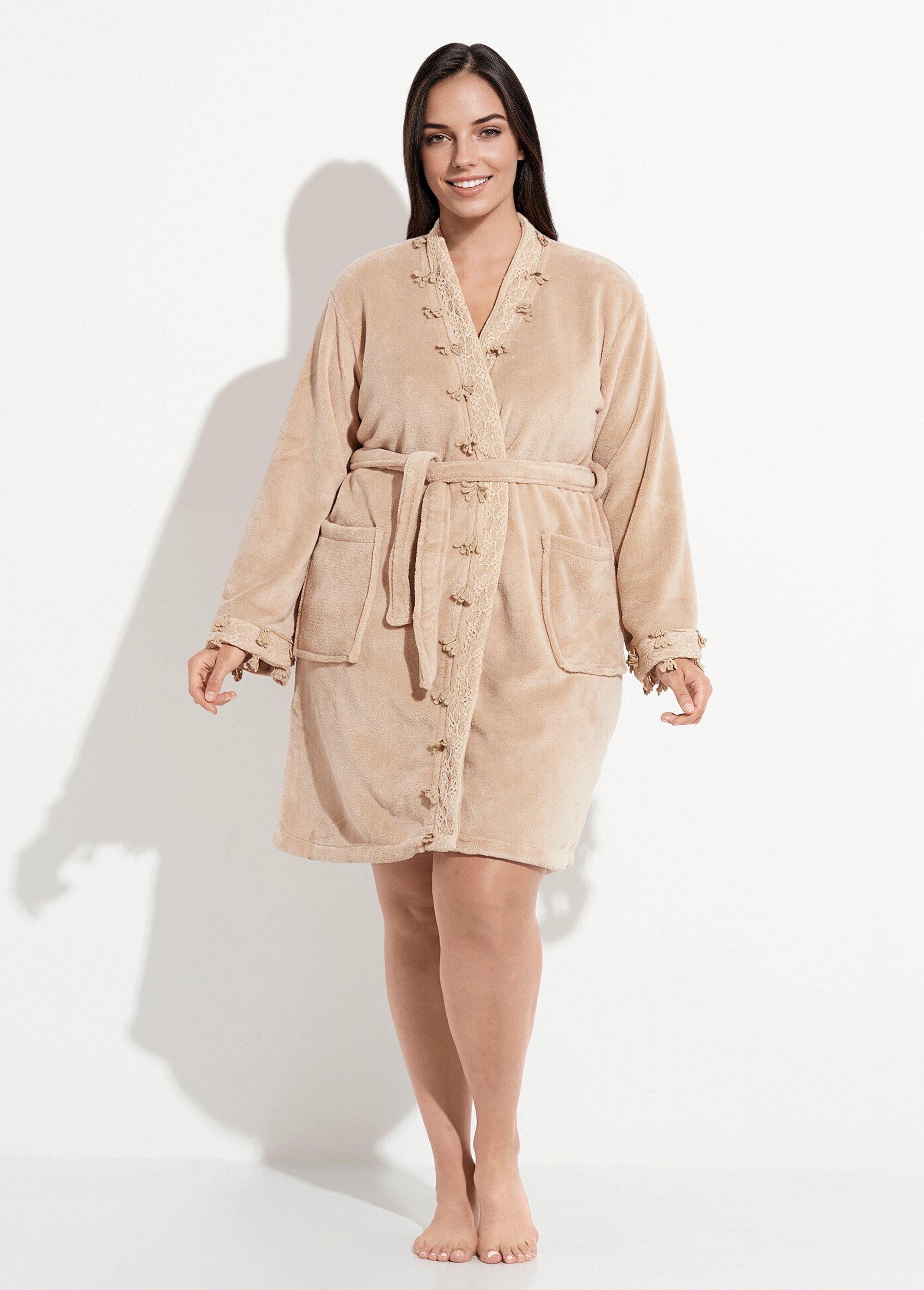 Robe de chambre polaire bord dentelle Femme Grande Taille Marron COT340677 FA1